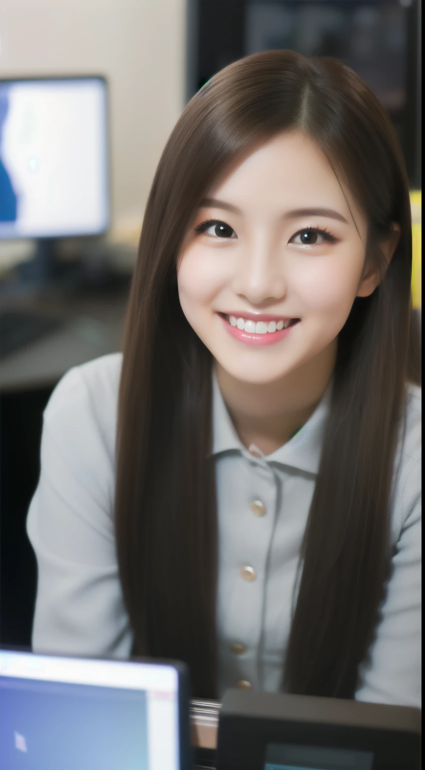 Masterpiece、highest quality、Japan、woman、23 years old、Height 150cm、Weight 35kg、Bcup、Young face、round face、Hair is semi-long、ol,uniform、stockings、Get up from your desk、She is looking at me with a smile through her computer