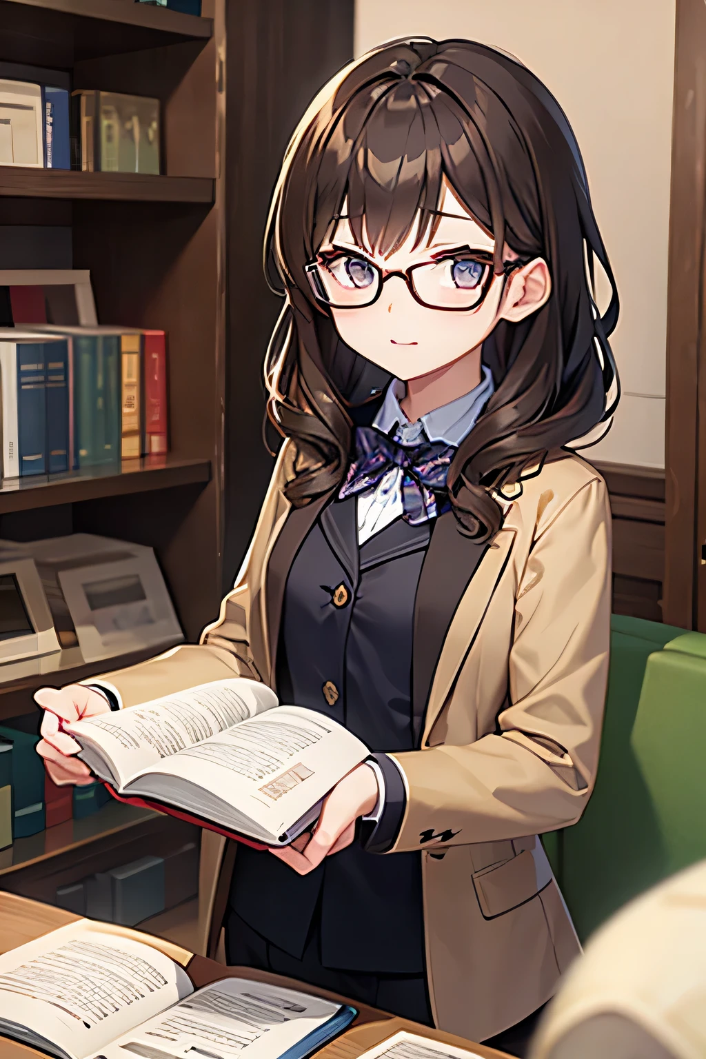 Brown Hair, slim face, glasses, female, Olive Eyes, vegan, library, bookworm, nerd, dress, lithe, 18 years old, wool jacket
