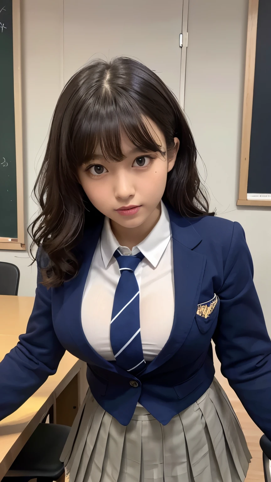 8k, highest quality, The real picture, Intricate details, Very detailed, Ultra-high resolution, Depth Field,(Realistic,Realistic:1.2),Tabletop ,Pretty big , Front shot , From the center , 1 girl, eye_Chan, Very beautiful 17 year old girl, innocent big eyes,、Beautiful breasts:1.5、Very detailedなeye:1.2)、(Beautiful breasts:1.1)、Wavy Hair、Curly Hair、White teeth、Black Hair、bangs, Perfect Skin, Fair skin, Huge breasts, Cleavage, Tight waist, Lightly reddish, alone, Bad mood、Glaring at the audience, ((School_uniform),(Dark Blue Blazer), (White shirt、Wear a tie), (Grey pleated skirt), (Sculptural installation :1.1)