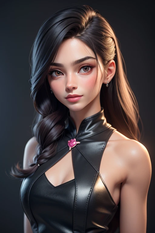 obra-prima, melhor qualidade, trabalho de rending 3d, estilo 3DMM, close-up, retrato, 3D, 1girl, fitness, roupa de academia,solo, cabelo castanho, colar de corda, olhando para o lado, realista, parte superior do corpo, fundo simples, franja, olhando para longe, cabelo preto longo, separated-lips, maquiagem, cabelo encaracolado castanho longo, olhos verdes, lingerie rosa, decote, aerith gainsborough, aerith
