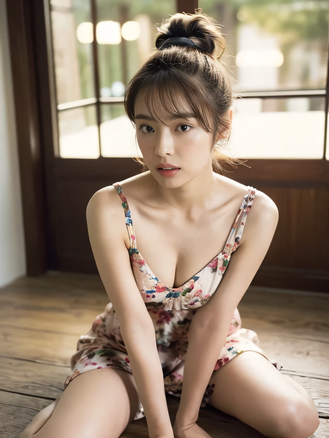 ((whole body from thighs:1.5)), ((Photorealism)), 
((highest quality, 8k, masterpiece: 1.3)), Perfect body beauty: 1.4, (Breast A cup:1.2), Small breasts, Round shaped breasts, Perfectly shaped breasts, Highly detailed face, Beautiful woman, (Dark brown shortcuts), Slim face, Highly detailed face and skin texture, Highly detailed lips, Spread your legs, highest quality, masterpiece, 超A high resolution, (Realistic:1.4),

((18-year-old, Beautiful female college student)),
((Floral print cache-coeur dress, shoulder:1.5)),
((Cute Earrings, Silver Necklace)),

((Factory Piping, Spill milk on the floor, Dimly lit room at night:1.5)),
((Sitting on the floor, I can see your beautiful thighs:1.5)),
((Sexy atmosphere, Gaze seducing a man, hold out your lips, A sigh escapes:1.2)),

((Lift your face a little)),
((Squint your eyes)), 
((purse your lips:1.2)),
((Blushing:1.2)),
((Open your mouth a little to show your white teeth)), 
((Body facing forward)), 
((Breast enlargement, Beautiful breasts, Cover your chest with your hands)), 

Narrow shoulders, Beautiful clavicle, Long, slender legs, 
The beauty of slim abs, Thin waist, 
Ultra-detailed skin, Glossy Skin, Ultra detailed face, 
Ultra-detailed eyes, Slit eyes, Brown eyes, double eyelid, Beautiful thin eyebrows, Thin, long eyelashes, 
Ultra-detailed lips, Fuller lips, Glossy pink lips, Flushed Cheeks, White teeth, 
Beautiful actress&#39;s languid make-up, Pink lipstick, Smoky eyeshadow, Eye foundation, 
Dark brown hair, Delicate and soft hair, Hair blowing in the wind, 
(Elegantly putting your hair up, short hair, ponytail:1.5), Layered Cut, (Blunt bangs:1.2),
