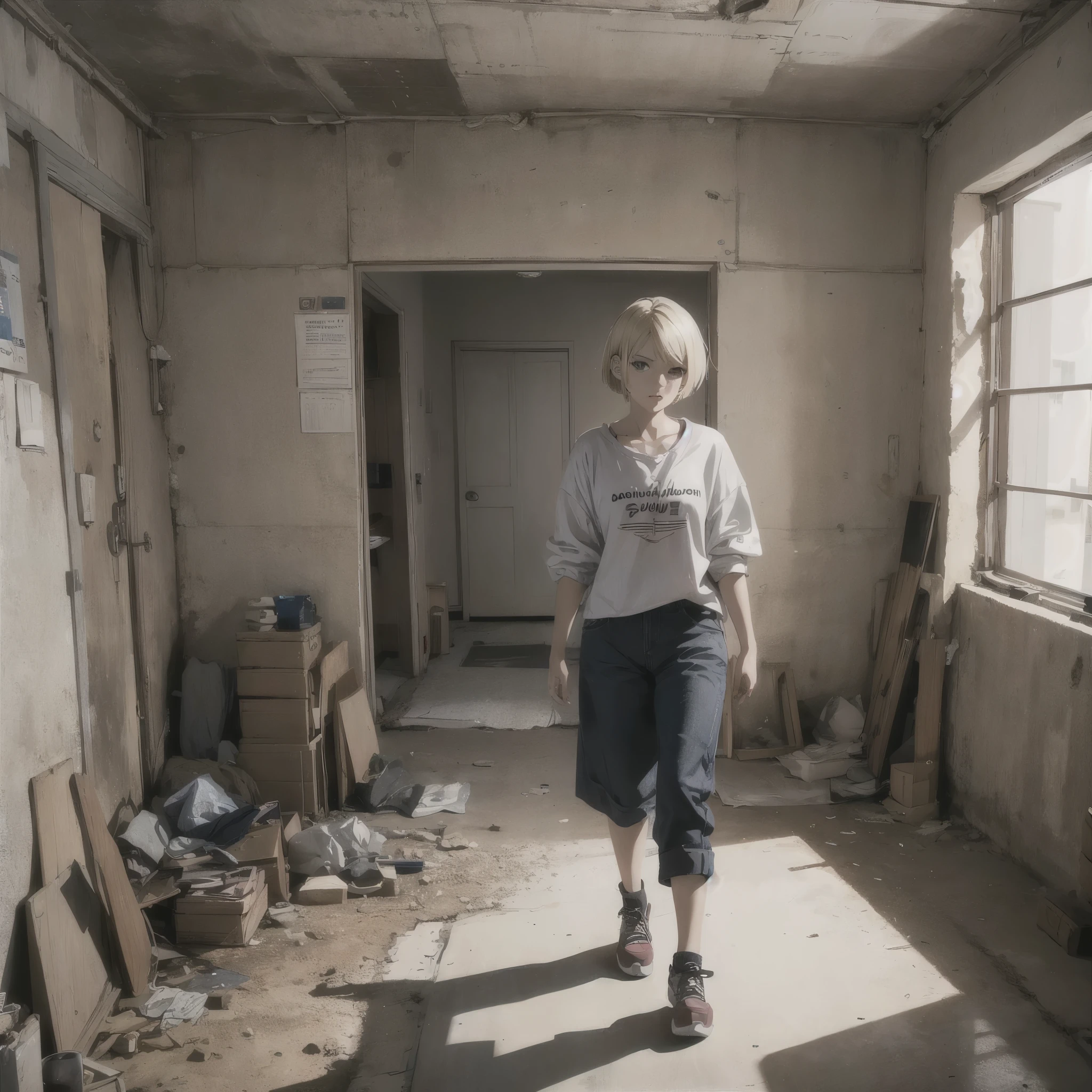 ((20-year-old woman,Blonde short bob hair,She is walking through an empty room)),Huge kids room,room in underground,A room with children's graffiti,Messy room,Dim electricity,Dimly lit room,There are monsters in the room,Uneasy atmosphere,