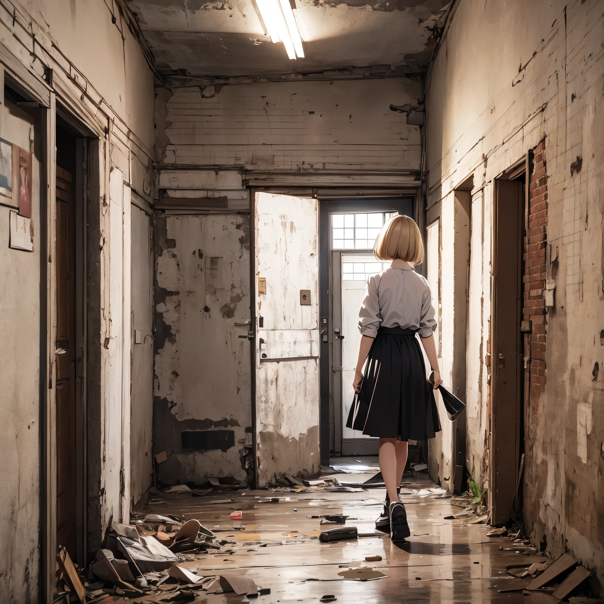 ((20-year-old woman,Blonde short bob hair,She is walking through an empty room)),Huge kids room,room in underground,A room with children's graffiti,Messy room,Dim electricity,Dimly lit room,There are monsters in the room,Uneasy atmosphere,