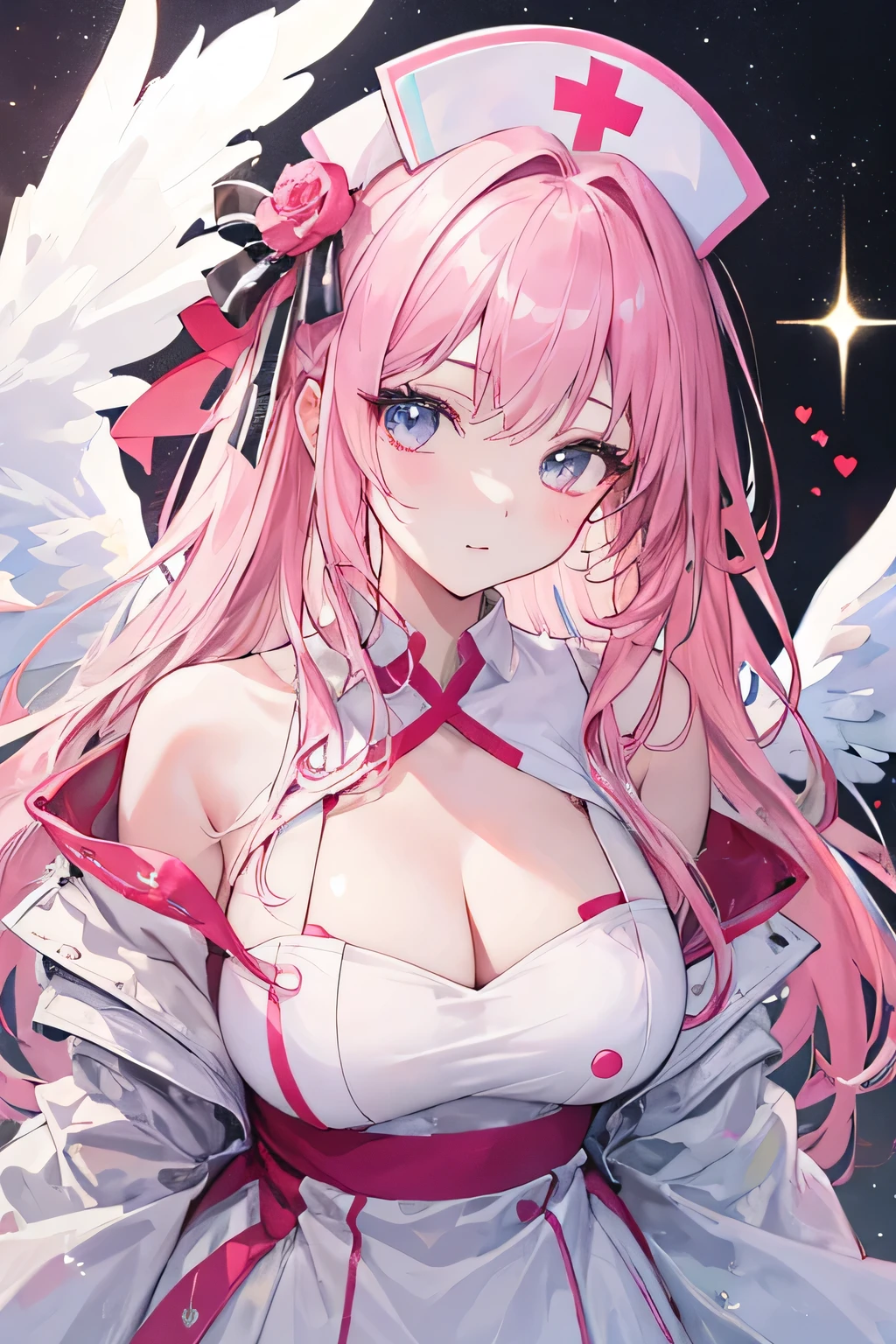 ((highest quality)), ((masterpiece)), (detailed), Perfect face and whole body,Pink fluffy long hair,Nurse hat,Nurse uniform,Has rabbit ears,Angel wings grow(masterpiece, highest quality), Very detailed, highest quality, beautifully、beautiful: 1.2), (1 girl), Very detailed, (masterpiece, highest quality), Official Art, beautifully、beautiful: 1.2), (1 girl), Very detailed, (masterpiece, highest quality), Very detailed, highest quality, beautifully、beautiful: 1.2), (1 girl), Very detailed,