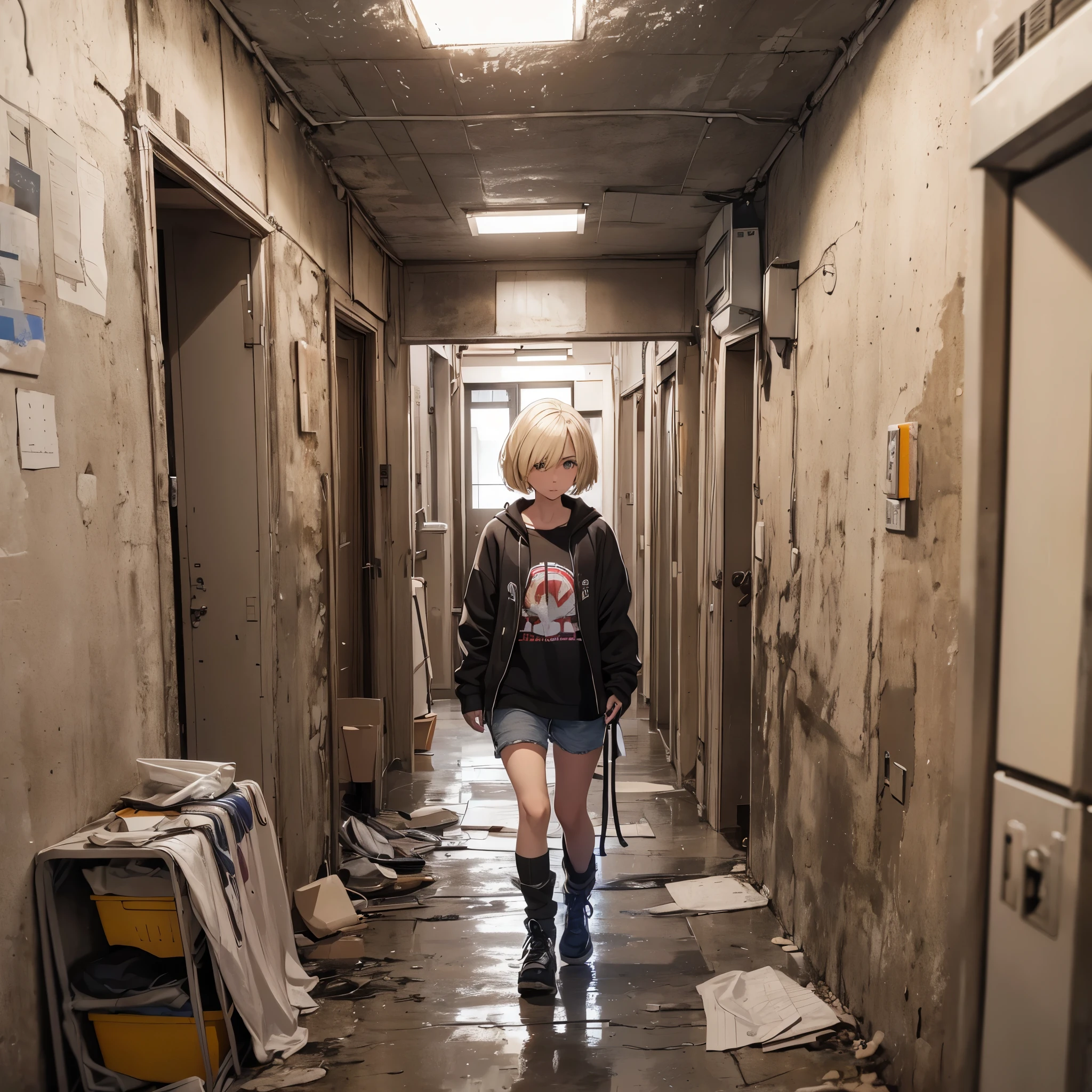 ((20-year-old woman,Blonde short bob hair,She is walking through an empty room)),Huge kids room,room in underground,A room with children's graffiti,Messy room,Dim electricity,Dimly lit room,There are monsters in the room,Uneasy atmosphere,