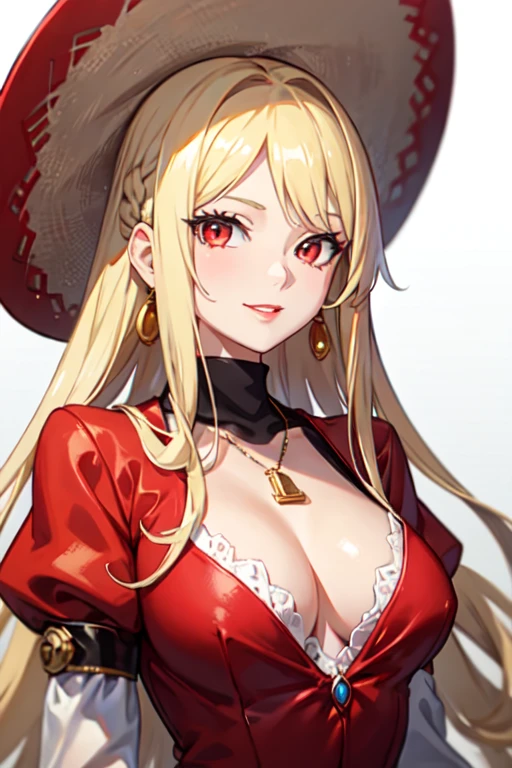 Beautiful anime girl, solo, 1girl, looking at viewer, cute,beautiful, red eyes, open hair, blonde hair, long hair, bangs, wearing a strawhat, Monkey D luffy's strawhat, one piece, smiling, smooth skin, light skin, red lips, golden earings, anime, best quality, masterpiece, extremely detailed, 4k, red eyes, beautiful red eyes, detailed face, detailed eyes, red dress, golden necklace