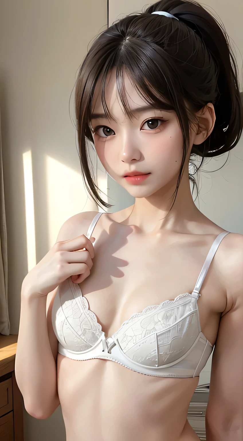 highest quality, RAW Photos, Realistic, face, Incredibly beautiful girl, cute, Long Hair,ponytail，Written boundary depth, High resolution, Super detailed, detailed, Very detaileded, extremely detaileded eye and face, Sharp pupils, Realistic students, Sharp focus, Cinema Lighting, flat breasts, small breasts, small,( small bust: 1.2), small bust, (slim, small, flat, small), thin, Delicate and sexy collarbone, (White shirt:1.2), (Lifting ワイシャツ to show off a small white bra:1.5)))，((Whole Body Ezbian))，