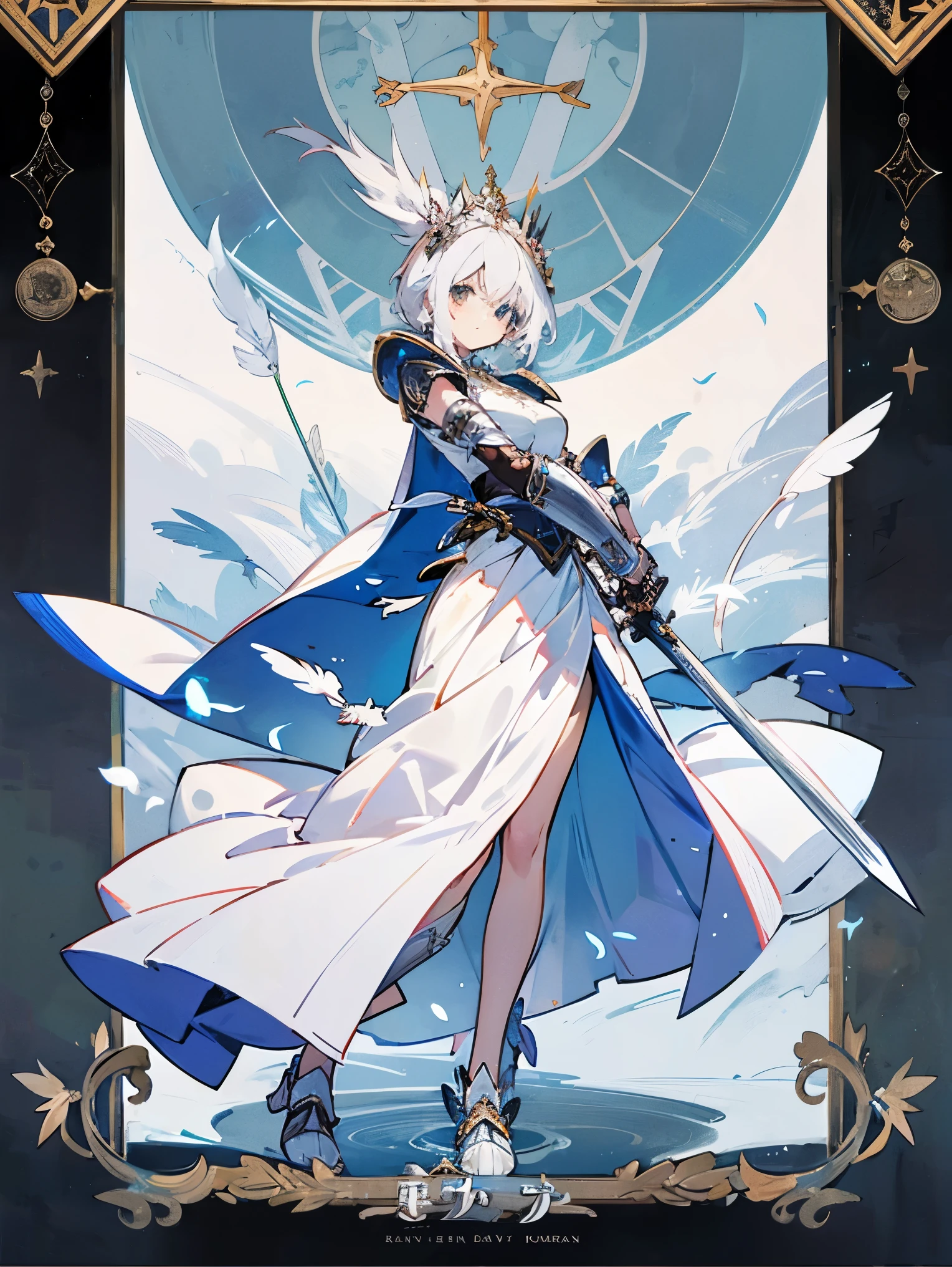 Character front，full-body shot，18-year-old girl，White hair，Holding the sword downward，Wearing a crown，Wearing armor，Feather decorations，The gaze is like a torch，Serious，Tarot，The girls&#39; clothing is mainly silver and white，The background decoration behind the girl is white，Clarity，White skin