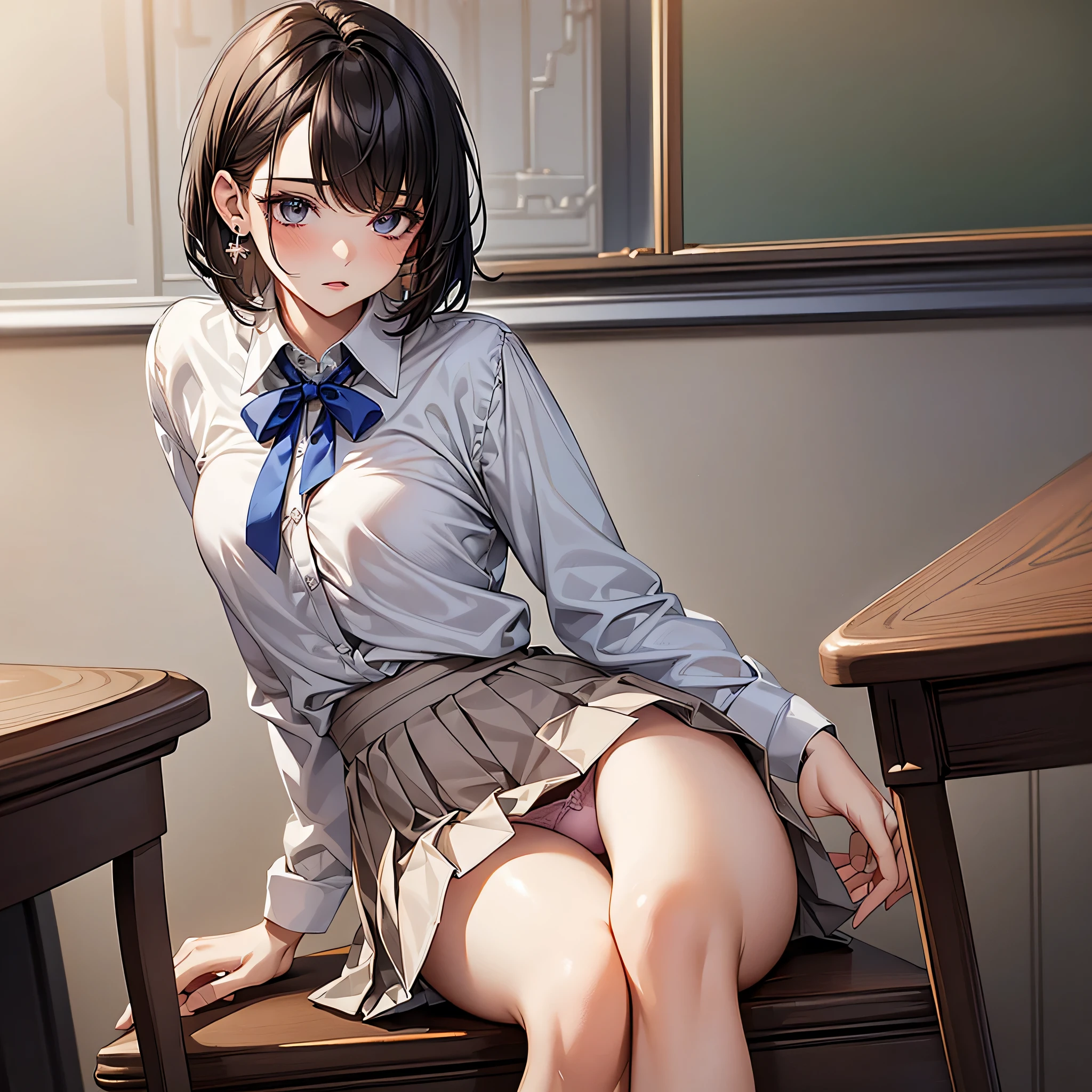 ((highest quality)), ((masterpiece)), (detailed), Perfect Face,classroom,detailed eye,1woman,18yo,Side-swept bangs 1.4,short hair,black hair,Natural Makeup1.3,Earrings,White blouse,Blue Ribbon Tie,Grey mini pleated skirt,Pink Panties,Girl sitting,spread leg,Panty shot,from below