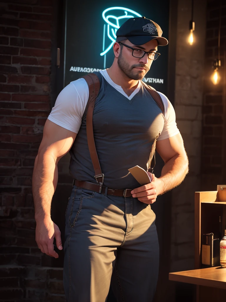 (40 years old daddy:1.1), 1boy, Solo, round face, beefy body, (big shoulders), big pecs, big pectorals, stubbles, Short beard, Beautiful eyes:1.3, (Detailed face:1.3), wearing glasses, Dynamic Angle, volumetric lighting, (Best quality, A high resolution, Photorealistic), Cinematic lighting, Masterpiece, RAW photo, stock photo, Intricate details, hdr, depth of field, man with checkboard shirt and suspenders standing in front of a neon angel, wearing angel halo, tron angel, angel halo, angelic halo, male with halo, wings made of light, aura jared and wires, glowing halo above his head, wearing angel, glowing angelic being, the angel of death with a halo, angelheaded hipsters, an angel standing still, full body, in the bar, brick wall neon light, kaki flat cap beret, supermodel, model shoot,