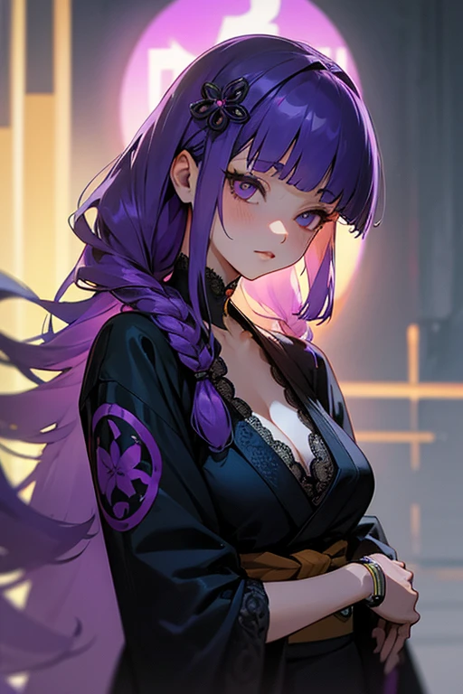 1 girl, Blunt bangs, Braiding, Wide sleeves, hair ornaments, kimono, Yellow and navy lace、(Purple Hair:1.2), Very long hair, Straight hair, Looking at the audience, Highly detailed background, (Realistic:1.2), Beautiful Eyes, Red eyeshadow, Written boundary depth,thigh, (Ulzzang-6500:0.7), Upper Body, (alone:1.2), (Cyberpunk City:1.1), Cleavage, Shiny skin、Hair blowing in the wind、Four fingers, One thumb、