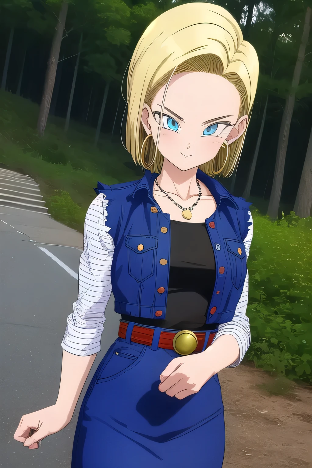 android 18, 1girl, solo, blue eyes, short hair, blonde hair, hoop earrings, bead necklace,
blue pencil skirt, strapless black shirt, brown belt, black 
smile, closed mouth, cowboy shot,
forest, outdoor,
(insanely detailed, beautiful detailed face, masterpiece, best quality) cinematic lighting,
