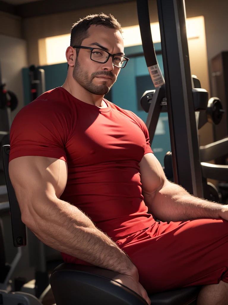 (40 years old daddy:1.1), 1boy, Solo, round face, beefy body, (big shoulders), big pecs, big pectorals, stubbles, Short beard, Beautiful eyes:1.3, (Detailed face:1.3), wearing glasses, Dynamic Angle, volumetric lighting, (Best quality, A high resolution, Photorealistic), Cinematic lighting, Masterpiece, RAW photo, stock photo, Intricate details, hdr, depth of field, man sitting on a gym machine using a cell phone, in a gym, working out, man wearing red t-shirt and shorts, workout selfie, sweats,
