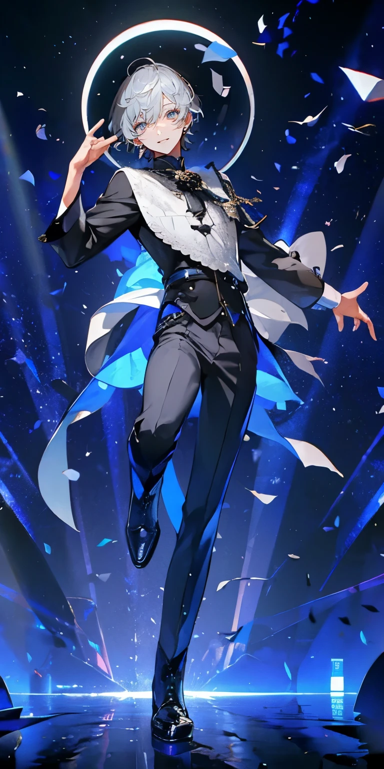 (Mastepiece), (Best Quality), Very detailed, ((1 boy)), Perfect Face, Beautiful Face, Very detailedな顔,((Gray Hair_short hair_Blue eyes:1.3)),Full body photography、Male solo idol、boots、(Half pants:1.2)、Hold the microphone、Concert Dome、Lots of confetti、(smile:1.4)、(Open your mouth wide)、sing、dance、Wink、Laser light