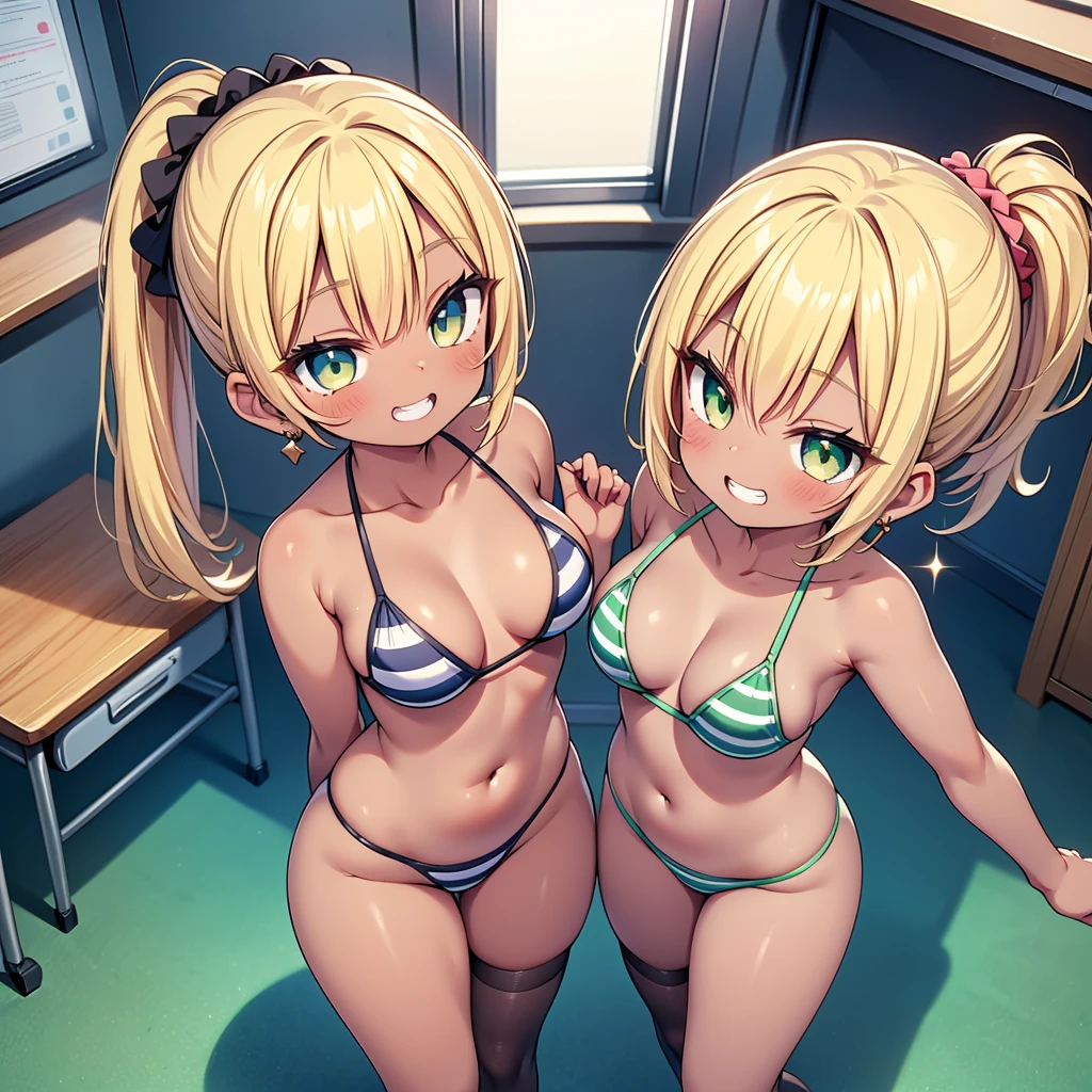 (cute eyes:1.2), (sparkling eyes:1.2), (8K、Best image quality、highest quality、masterpiece)、Detailed face、(2 girls)、(loli:1.2), Improve、((Brown Skin:1.3))、blonde、Low Ponytail、Scrunchie、Yellow Eyes、Earrings、Wicked Smile、((Grin)), (skinny body:1.4), (??????????????), (Light blue striped micro ??????:1.1), Classroom Background, (open mouth), (embarrassed), (black stockings:1.1), (Thighs:1.2), (Waistline),(from above:1.2)