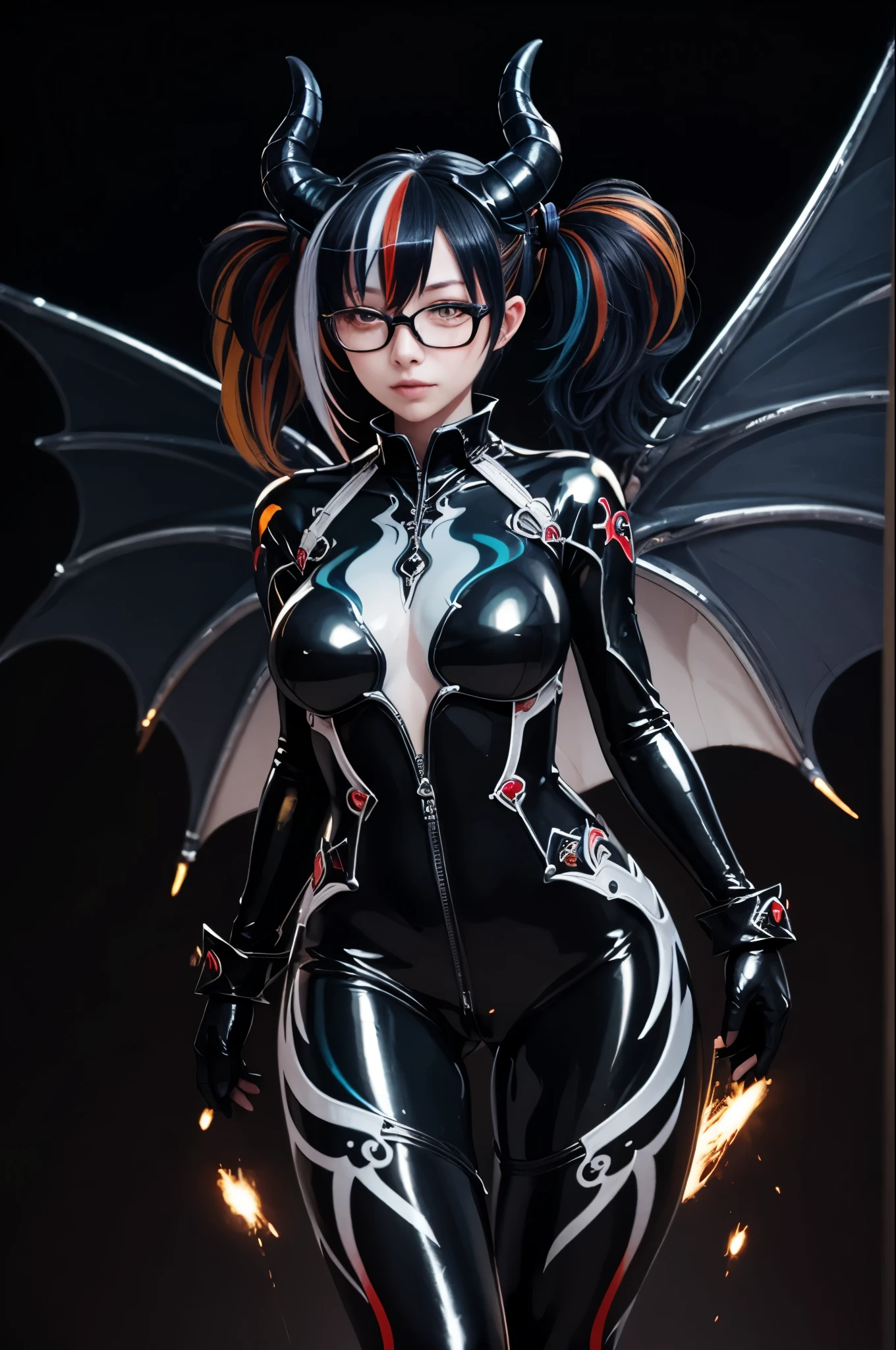 masterpiece,best quality,light particles,1girl,(solo),demon horns,twintails,streaked hair,bodysuit,shiny bodysuit,glasses,demon wings,medium breasts,wide hips,thick thighs,:3,one eye closed,(bent over),arms behind back,(multicolored background),cowboy shot,