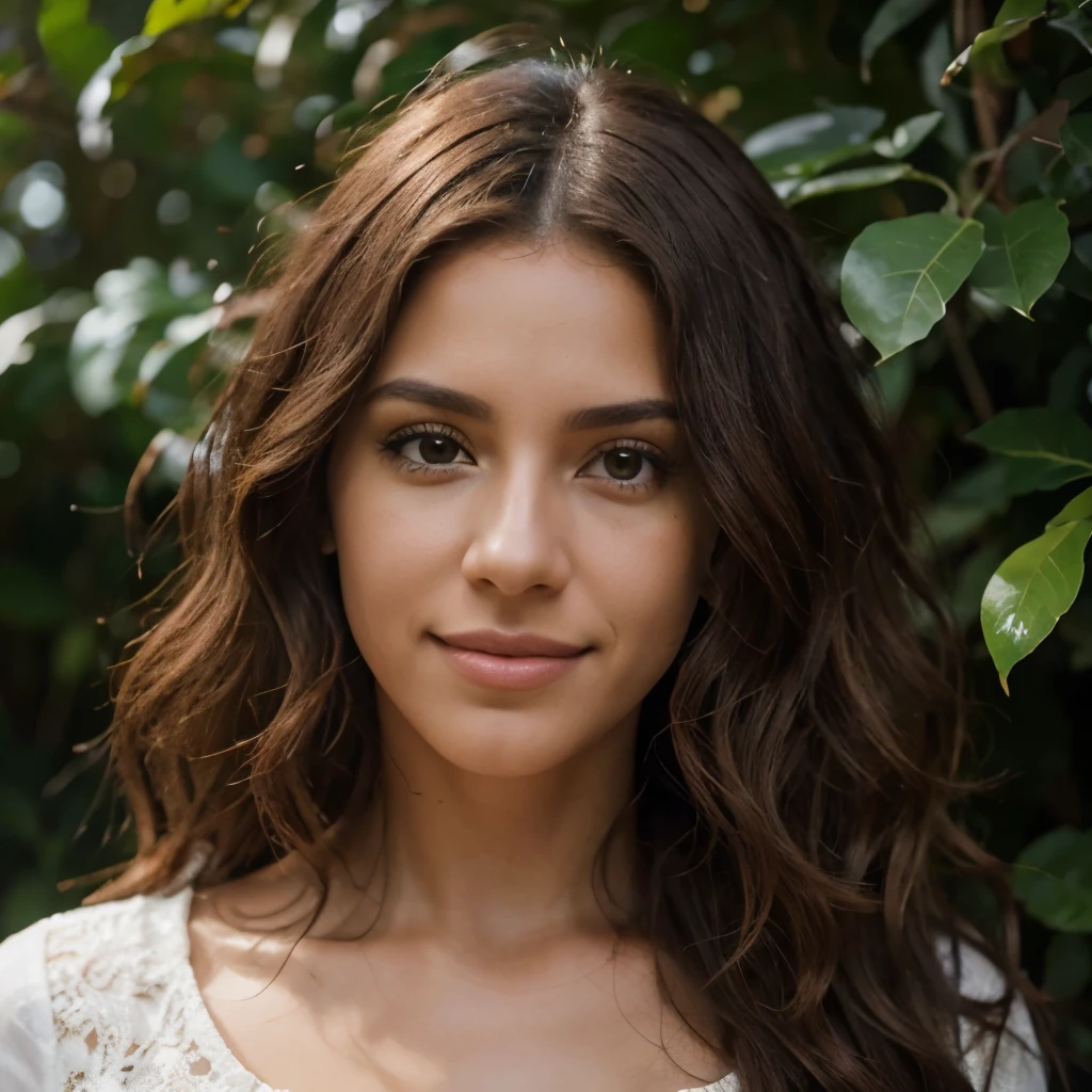 1 very beautiful adult woman, hispanique , cheveux longs, curly hair, couleur de cheveux noirs, peau douce, yeux marrons, sourire, photo de profil Instagram ,vegetation, Occasionnel, vêtements de style femme, dans des endroits différents,Realistic, 8k super Realistic, super detalhado e Realistic
