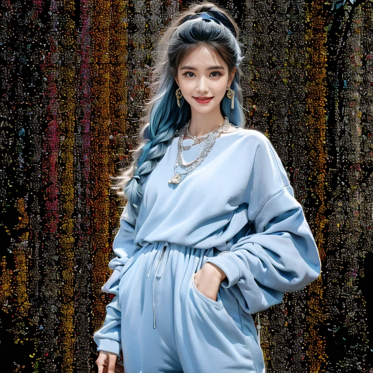(masterpiece, highest quality, highest quality), (((Perfect body))),Ragged hair,Middle Hair,Chignon Hair,Light blue hair color,Pale black jumpsuit,beautifully,Mysterious:1.2, (One Girl:1.3), Very detailed, Mature Woman,A kind smile,Boston-type glasses, (Mouth closed), (highest qualityのmasterpiece:1.2) Delicate illustrations, Most detailed,Upper body portrait, (Street background:1.3), (Shiny skin), (Many colors:1.4), ,(Earrings),((necklace))), anklet,Two-tone high-top sneakers,A kind smile,Full body portrait,(Street background:1.3), (Shiny skin),(Earrings),