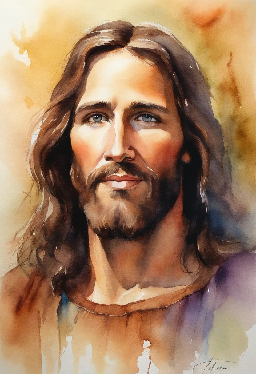jesus, religious art, just face, vivid colors, brown eyes