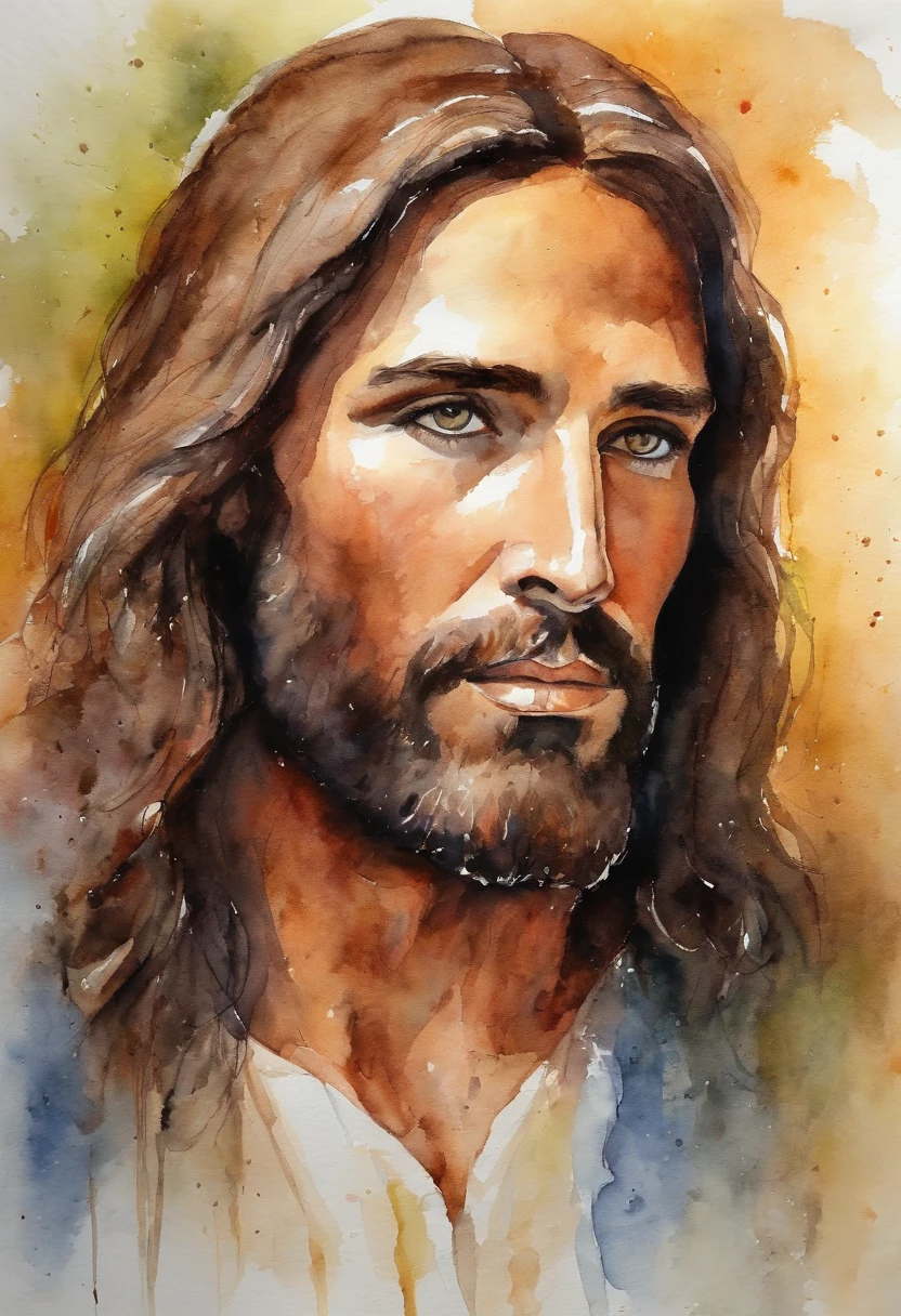 jesus, religious art, just face, vivid colors, brown eyes
