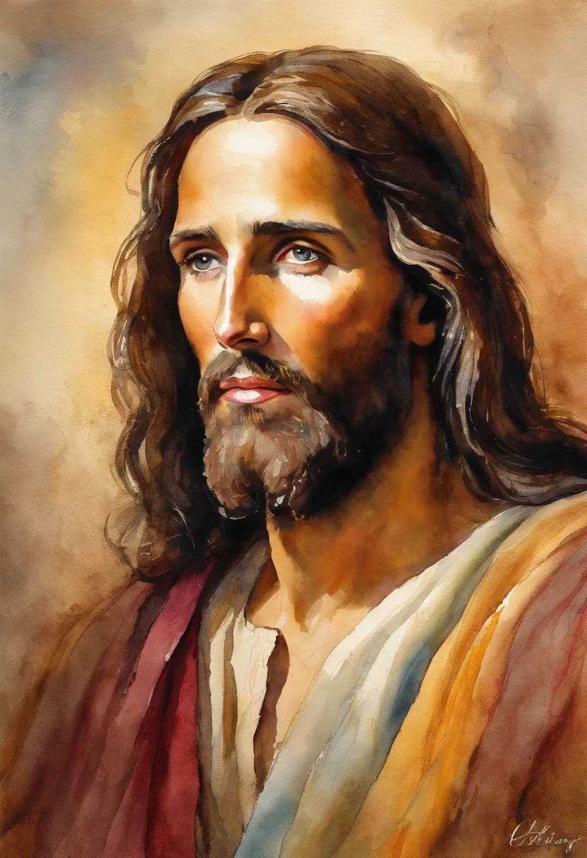 jesus, religious art, just face, vivid colors, brown eyes