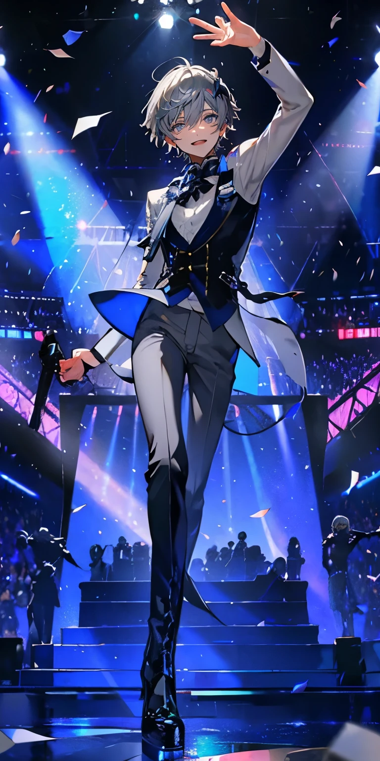 (Mastepiece), (Best Quality), Very detailed, ((1 boy)), Perfect Face, Beautiful Face, Very detailedな顔,((Gray Hair_short hair_Blue eyes:1.3)),Full body photography、Male solo idol、Gorgeous idol costumes、boots、(pants:1.2)、Hold the microphone、Concert Dome、Lots of confetti、(smile:1.4)、(Open your mouth wide)、sing、dance、Wink、Laser light