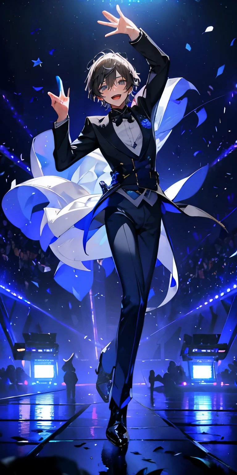 (Mastepiece), (Best Quality), Very detailed, ((1 boy)), Perfect Face, Beautiful Face, Very detailedな顔，((Gray Hair_short hair_Blue eyes:1.3))，Full body photography、Male solo idol、Gorgeous idol costumes、boots、(pants:1.2)、Hold the microphone、Concert Dome、Lots of confetti、(smile:1.4)、(Open your mouth wide)、sing、dance、Wink、Laser light