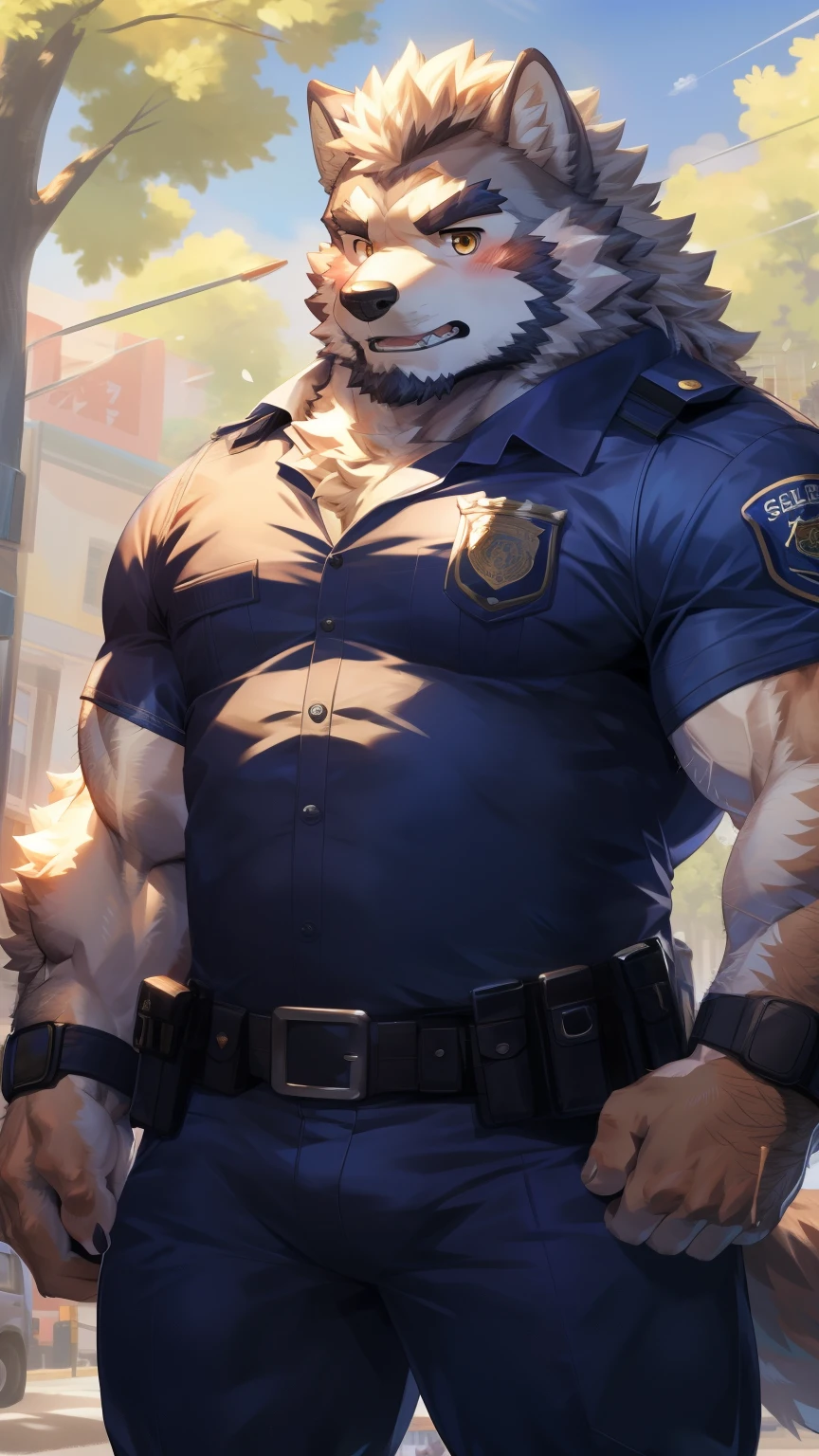 Solitary, anthropology, hairy, hairy male, Wolf, ((Fluffy fur, Fluffy, hairy body)), (Wolf印), (short beard), youth, Gray body, White belly, muscular, White, Big muscles, Golden pupils, Tail, deTailed teeth, deTailed face, Fundos,(Black tight police uniform), Open neckline，Black leggings, Holding a blast shield, 很Serious站在Street Corner, deTailed Fluffy fur, deTailed face, Street Corner, Look at the audience, majestic, barbarous, Serious, Blushing, Strong, plane trees, Front view, (through empty ghost, From wolf26, masterpiece, high quality, high resolution,8k), permanent, Close-up portraits, outdoor, Dynamic poses, 