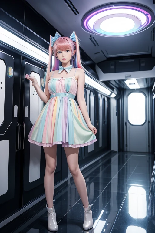 Cute redhead, gravure Idol, with rainbow colored hair tips, ribbons in her hair, 18-year-old woman, happy, in twin tails, perfect symmetrical eyes, clear sparkling blue eyes, pale skin, silky smooth skin, standing on a fancy luxurious space ship, large futuristic corridor, control panels, wood trim, decorative plants, warm lighting, wearing a futuristic dress, pleated (chemise) mini dress (pastel rainbow colors, and polka dots), wearing full body pantyhose, cute short cut booties.