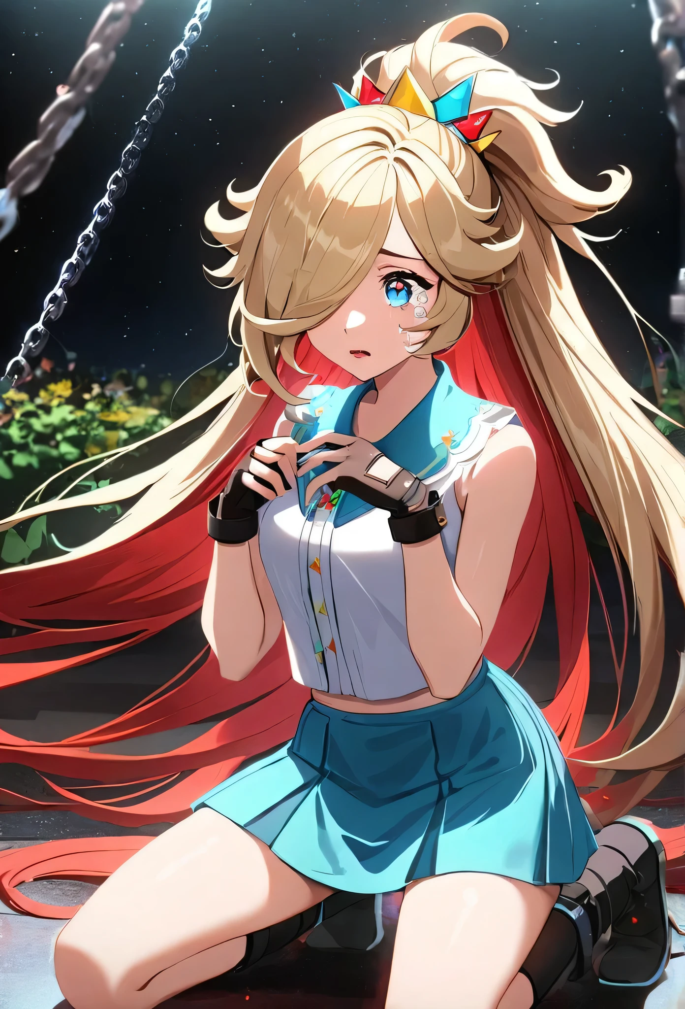 1 girl, ultra long ponytail hair, side bangs hair, straight hair, gorgeous woman, hair over one eye, detailed make up, Rosalina hair style, blonde, red bangs in the hair, with red fringes, ultra detailed face, sharp eyes, glowing lips, glowing, school girl, glowing lips, glowing blue eyes, kneeling on the floor, sad, tears, cute, long eyelashes, long black boots , looking to the sky, starry sky, heartbroken, short skirt, fingerless gloves, fitness, confident, white sleeveless blouse, short jacket, lots of adornment, chains adornment, cute woman, dinamic view, garden,