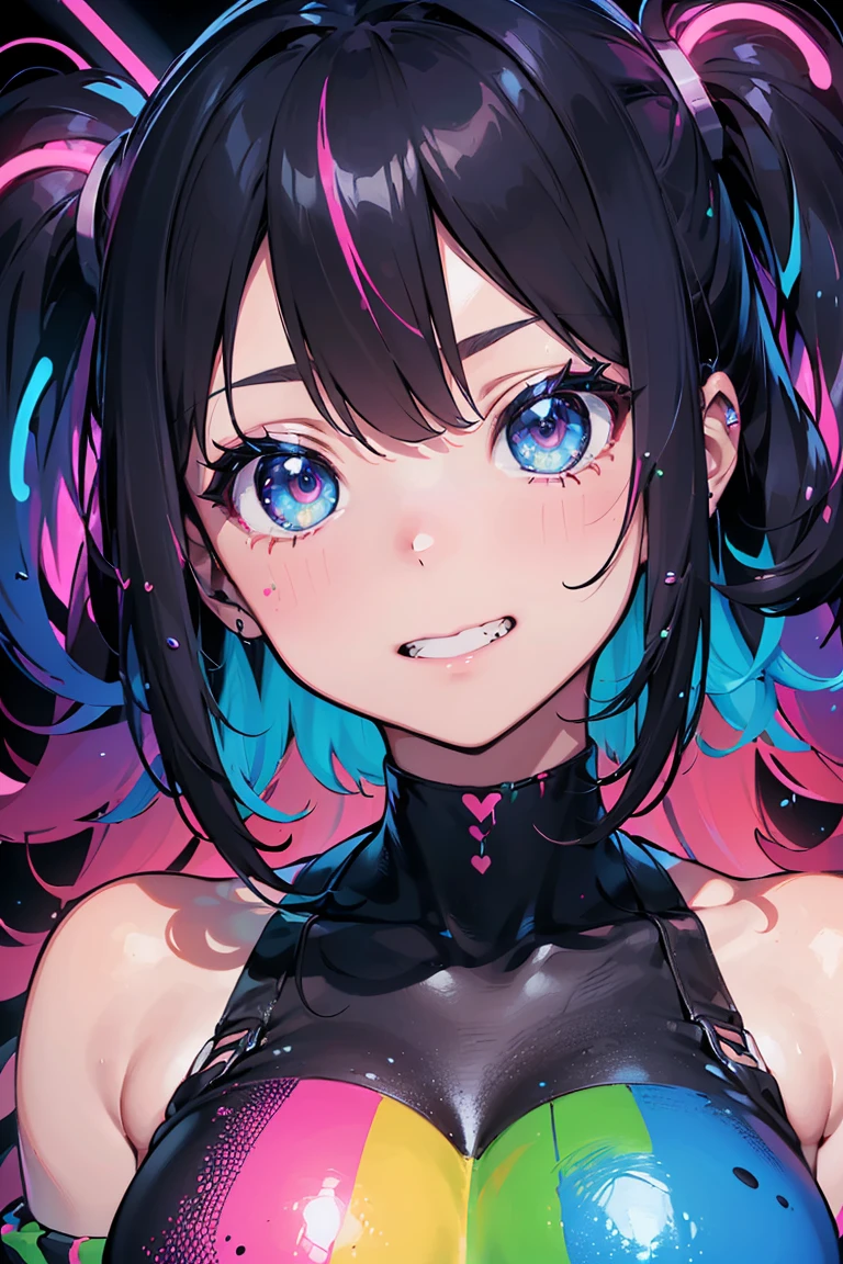 Eyes that shine like jewels, Anime Girls,Punk Fashion,Punk Makeup, ((Grin)), (Big Breasts:1.3),((Upward glance:1.3, Perfect Eyes , The rainbow shines、Eyes with very fine irises:1.3, Gradient Eye:1, Beautiful details:1, Symmetrical eyes:1, Big Eye Highlights:1.3)), blush, (Open your mouth), anger,In a psychedelic room, (White skin: 1.5, Sunburned skin, White skin, very White skin, Bright body), Psyche Tranceのイラスト, Psyche Trance, psychedelic art style, Neon Color Theme, (((masterpiece))), (Complex), 8k, highest quality, (Visual Strength: 1.5),

(((liquid paint hair:1.1))) ,(((Neon colored hair :1.5))), ((I drew、Defying Gravity,Strong current),(Paint splashes:1.3), (Shiny Hair: 1.3), (Bright colors), Embarrassing,Centered,Scale to fit,Three-part method, A body nicely covered in paint on a multicolored background, Colorful Themes, Splash Paint Regeneration, Beautiful light, Colorful light particles,High contrast in clothing, Color Splash, Colored walls,  Complex 詳細,  Exposure Blending, High resolution, (Graffiti art)