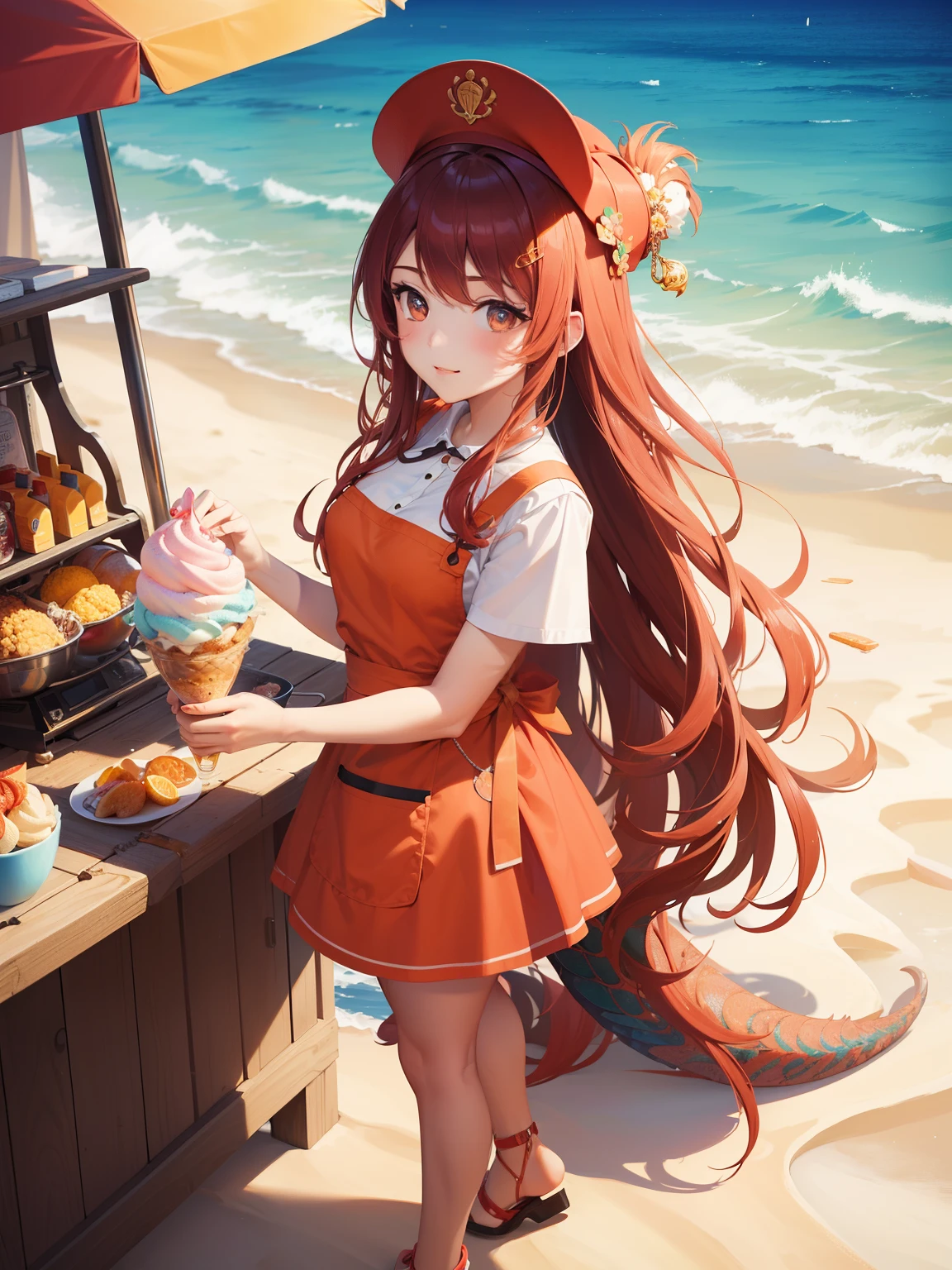 (masterpiece, best quality:1.2), highres, wallpaper, young lady of age 22, vibrant fiery scales, detailed beautiful face, long wavy hair that looks like flames, fire-like patterns on her arms and legs, wearing a quirky ice cream vendor outfit with a cap and apron, holding an ice cream scoop, standing beside an ice cream cart, sandy beach background, full body shot, warm sunlight, dynamic angle, high detail, 8k