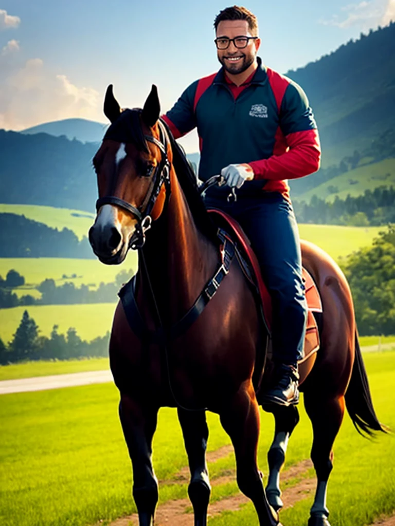 Create a man riding a horse, a white horse, galloping on a plain with greenish vegetation with strong sunlight, dawning with a very blue sky, the man looks happy, he is smiling and is dressed in a casual clothes, he holds the reins of the horse, the man has black shoes, behind you can see the mountains in the distance, let it be the whole horse with the boy and his outline, An award-winning original photo, (40 years old daddy:1.1), 1boy, Solo, round face, beefy body, (big shoulders), big pecs, big pectorals, stubbles, Short beard, Beautiful eyes:1.3, (Detailed face:1.3), wearing glasses, Dynamic Angle, volumetric lighting, (Best quality, A high resolution, Photorealistic), Cinematic lighting, Masterpiece, RAW photo, stock photo, Intricate details, hdr, depth of field, masterpiece, best quality, george pei, chris redfield, model shoot, riding horse in horse farm, people in background, realistic photo