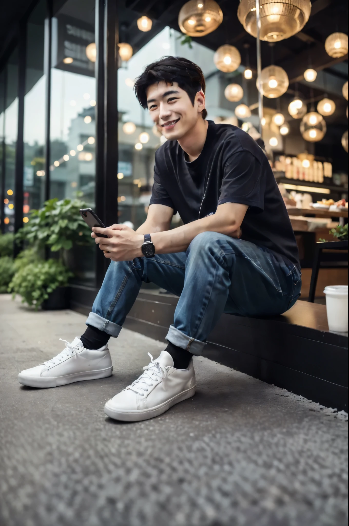 (( a japanese young man.Smile.maintain eye contact.looking in the direction of the camera.He is wearing a white T-SHIRT))Alafid man sitting on bench looking at mobile phone, Wearing white sneakers, Casual Modern Clothing, Modern casual clothing, Japanese young man, Wear casual clothes, Medium Portrait, Shot with Canon EOS 5D Mark IV, Wear casual clothing, Casual clothing style, Asian Men, Sitting in a cafe, Casual Streetwear, Shot with Canon EOS R5