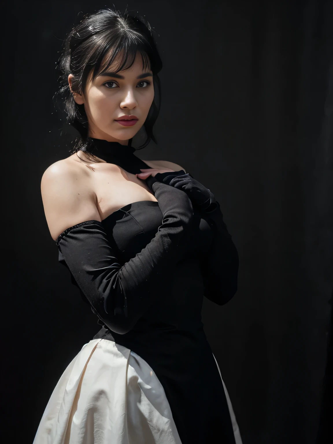 Magazine style photo of a tie page with black bun hair wearing a black 1900s off-the-shoulder ball dress and high black gloves inspired by Dior and Céline, indirect lighting, studio portrait, dark plain background, dynamic pose, beautiful body, 160 cm 50 kg, Soho, shot on Kodak Colorplus 200, film photography, f1.8 50mm lens