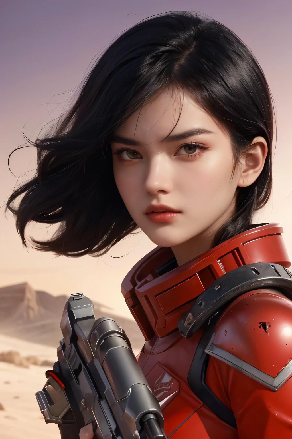 Upper body close-up image. A beautiful woman. Twenty years old. Black hair. She wears a red metallic battle uniform. She is looking at the camera with a tense expression on her face. She holds a small ray gun in one hand. She is standing in a wasteland reminiscent of Mars.