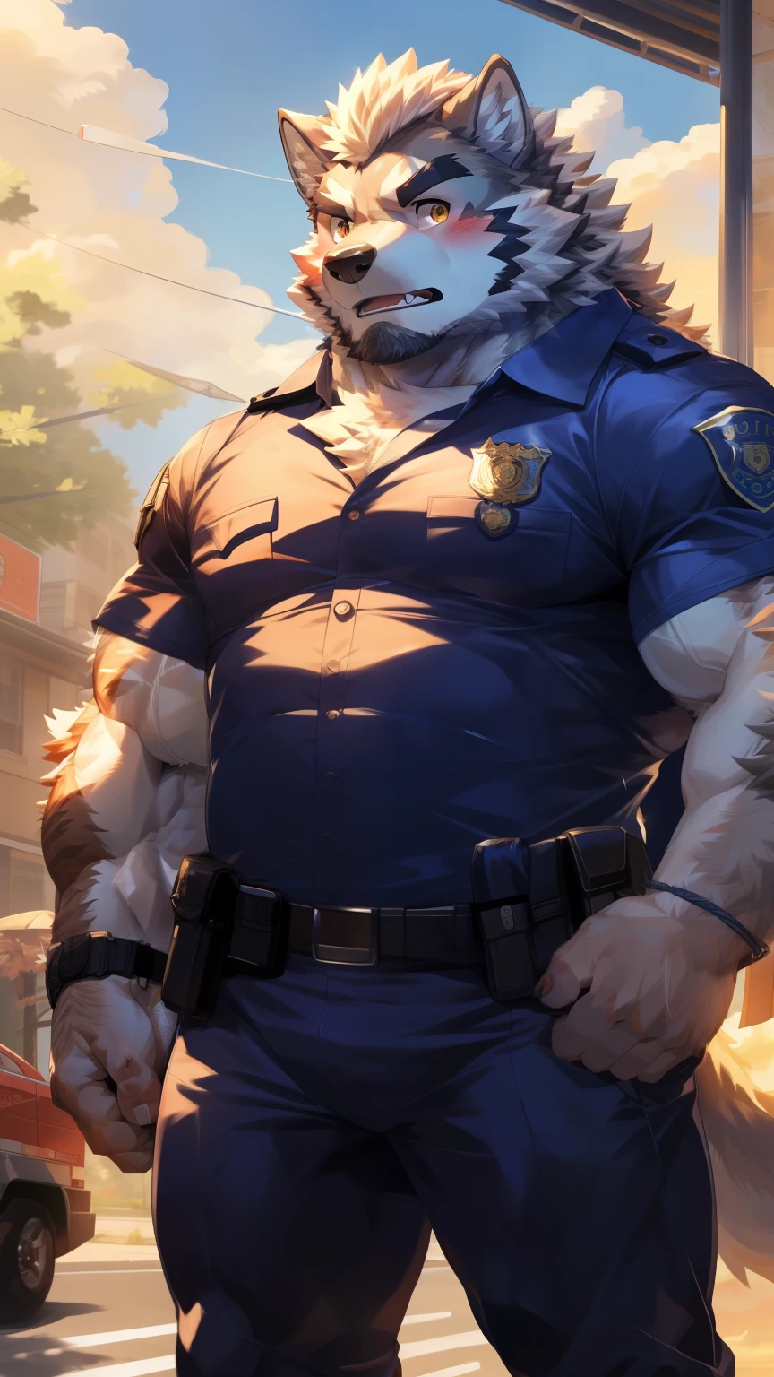Solitary, anthropology, hairy, hairy male, Wolf, ((Fluffy fur, Fluffy, hairy body)), (Wolf印), (short beard), youth, Gray body, White belly, muscular, White, Big muscles, Golden pupils, Tail, deTailed teeth, deTailed face, Fundos,(Black tight police uniform), Open neckline,Black leggings, Holding a blast shield, 很Serious站在Street Corner, deTailed Fluffy fur, deTailed face, Street Corner, Look at the audience, majestic, barbarous, Serious, Blushing, Strong, plane trees, Front view, (through empty ghost, From wolf26, masterpiece, high quality, high resolution,8k), permanent, Close-up portraits, outdoor, Dynamic poses,