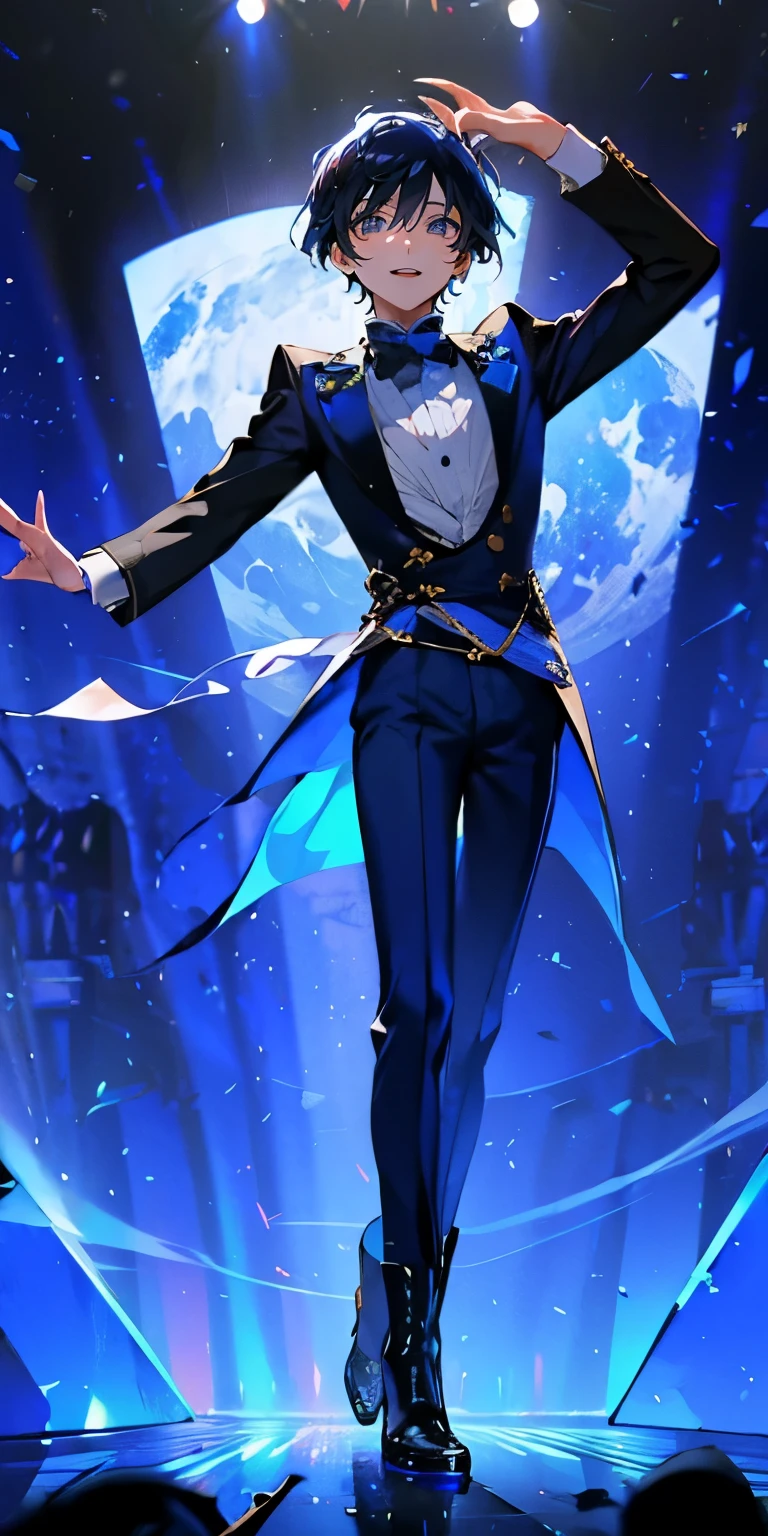 (Mastepiece), (Best Quality), Very detailed, ((1 boy)), Perfect Face, Beautiful Face, Very detailedな顔，((Blue Hair_short hair_Blue eyes:1.3))，Full body photography、Male solo idol、Gorgeous idol costumes、boots、(pants:1.2)、Hold the microphone、Concert Dome、Lots of confetti、(smile:1.4)、(Open your mouth wide)、sing、dance、Wink、Laser light