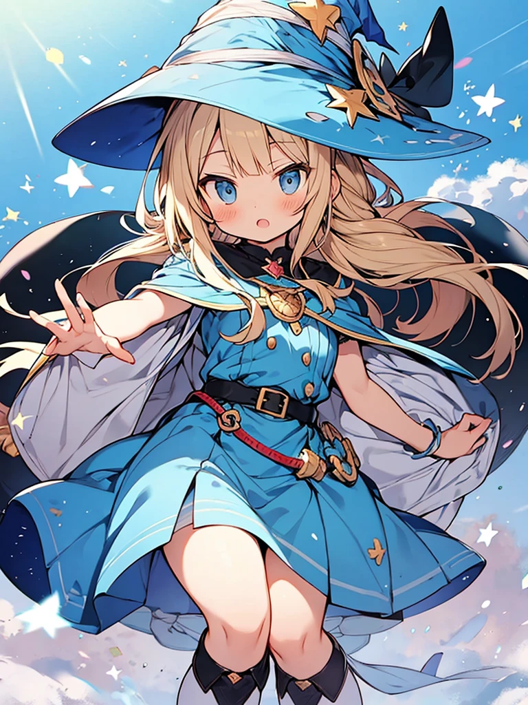 Kiniro mosaic style,kawaii shota,light blue long hair,light blue witch clothes,light blue hat,