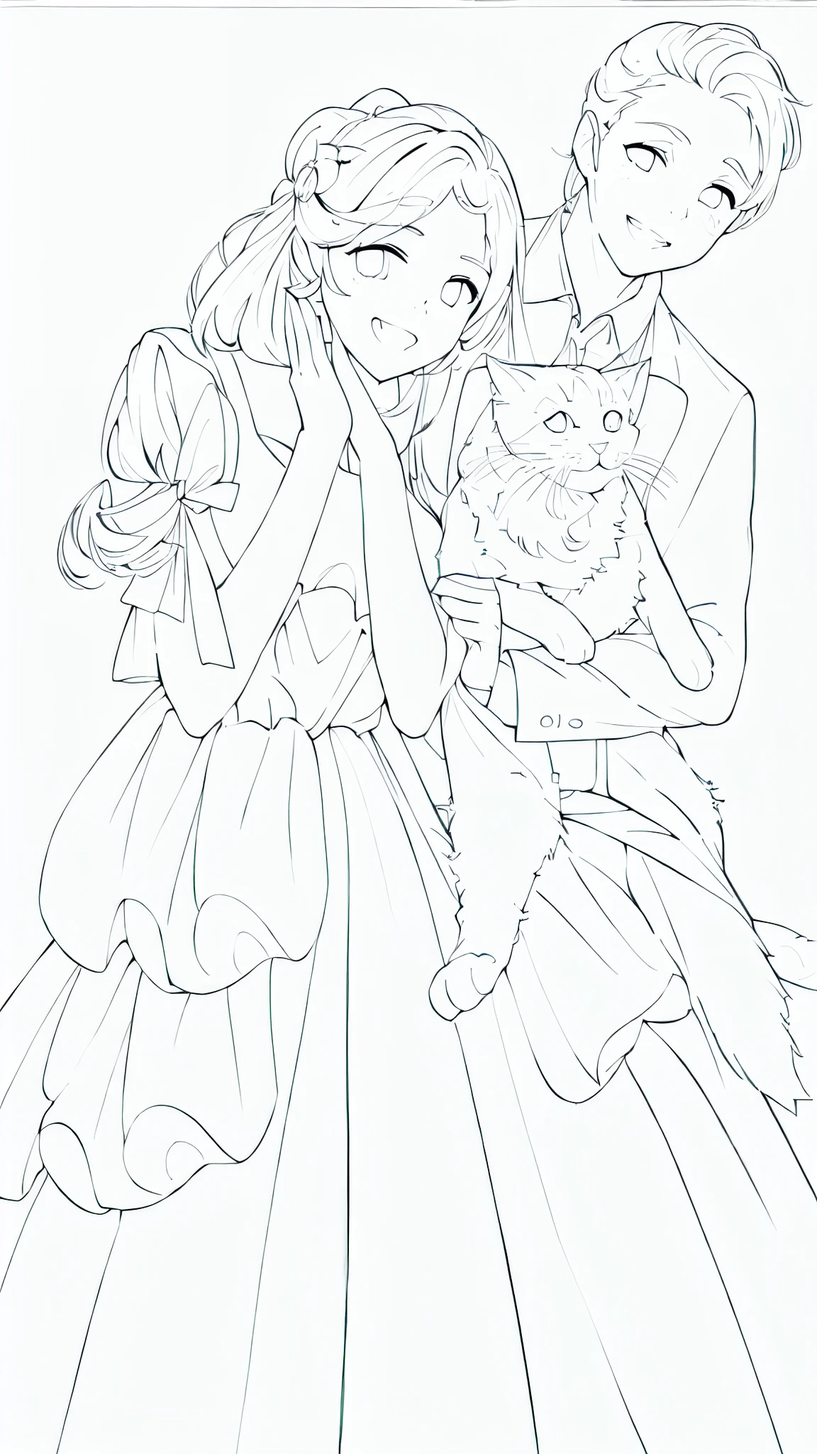 (Realistic,photo-realistic:1.37),(best quality,4k,8k,highres,masterpiece:1.2),coloring pages,line art,clear anime outlines,clean line art,perfect line art,line art,thick line art,by Naka Bokuning,outline,outline!!,simple line art,extremely fine ink line art,outlines,bold line art,ink outlines,variable line art-couple,husband holding a cat,cat on husband's arm