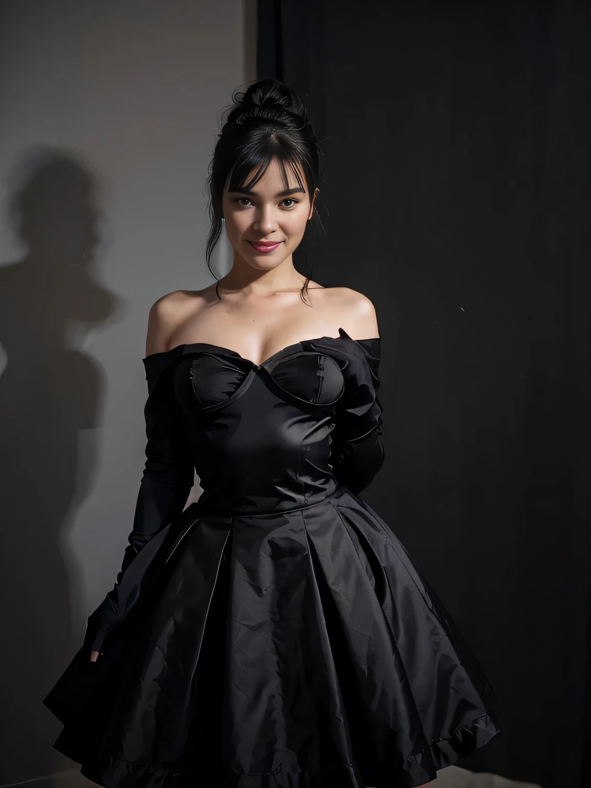 Magazine style photo of a smiling flirting with the camera Bettie page with black bun hair wearing a black 1900s off-the-shoulder ball dress and high black gloves inspired by Dior and Céline, indirect lighting, studio portrait, dark plain background, dynamic pose, beautiful body, 160 cm 50 kg, Soho, shot on Kodak Colorplus 200, film photography, f1.8 50mm lens