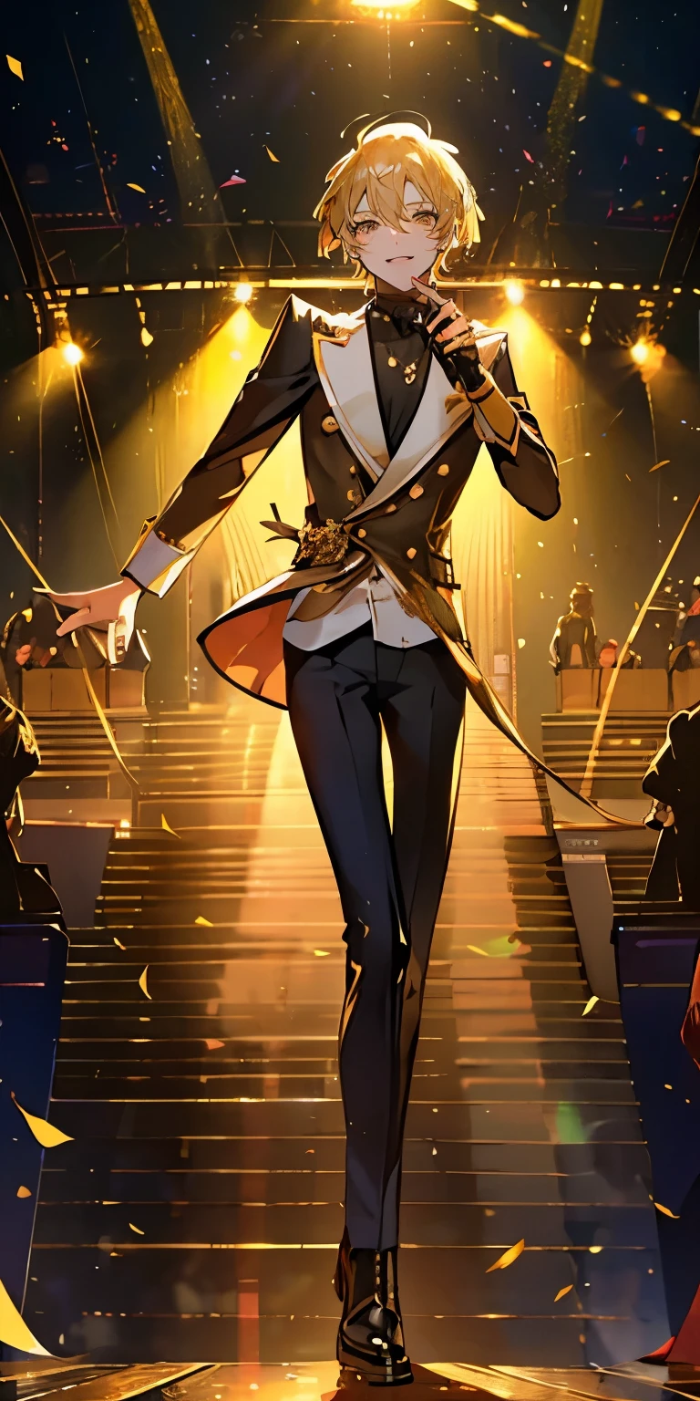 (Mastepiece), (Best Quality), Very detailed, ((1 boy)), Perfect Face, Beautiful Face, Very detailedな顔,((Blonde_short hair_Golden Eyes:1.3)),Full body photography、Male solo idol、Gorgeous idol costumes、boots、(pants:1.2)、Hold the microphone、Concert Dome、Lots of confetti、(smile:1.4)、(Open your mouth wide)、sing、dance、Wink、Laser light、Spotlight