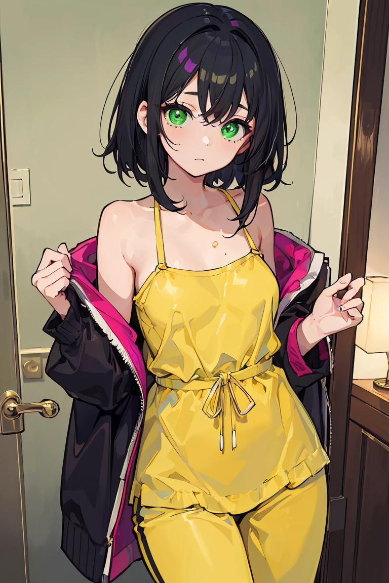 ((1 girl)), Dark circles in the eyes, Untidy face, Yellow Loungewear, fluffy, warm, In front of the bathroom, While looking in the mirror, Cowboy Shot,((Very detailed,highest quality, High resolution, fell, Sloppy, Lazy and slothful,Indifference, 8k wallpaper, Beautiful clothes,)),((Black Hair, Shortcuts,Messy Hair)), eye shadow, eyeliner,Glow Eye, Very detailedな目, Beautiful Eyes, ((glowing bright green eyes)), 18-year-old girl,Five Fingers
