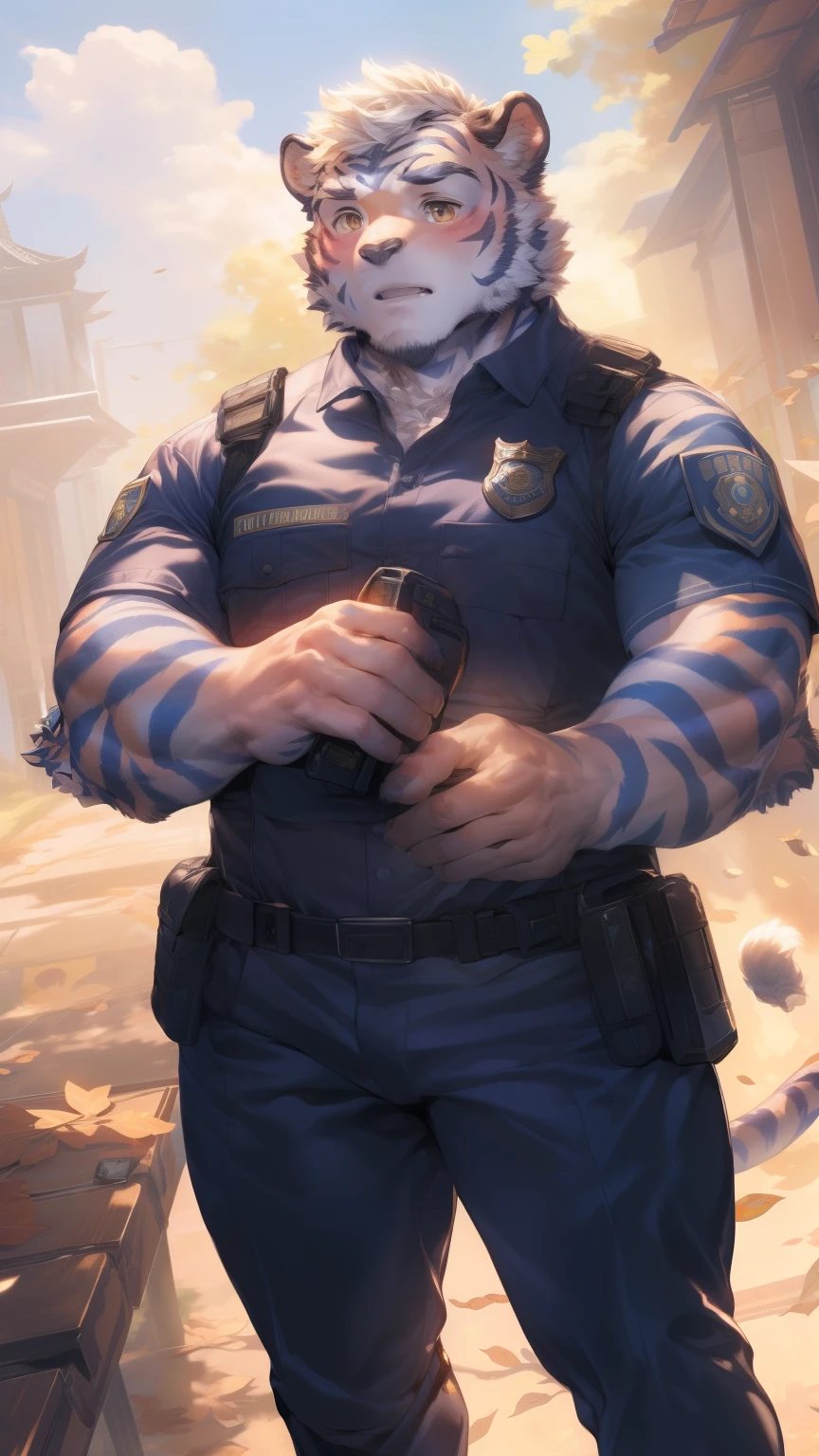 (through empty ghost, From thebigslick, through dark gems, Will chase), Keyuan Tower (Onmyoji Daisenji Temple), High quality photos, Perfect anatomical structure, Anthropomorphic white tiger, Men, 26 years old, thick eyebrows, (short hair:1.5), Light blue stripes, tall, Black tight police uniform, Open neckline, Black leggings, Small bump, Holding a walkie-talkie, Standing on the street, The leaves fell on his shoulders，Shy expression, blush, Golden pupils, Looking at the audience, Clear facial features, Solitary, solo, Front view, Full body image, On the streets of the city，Roadside bench, Correct gestures