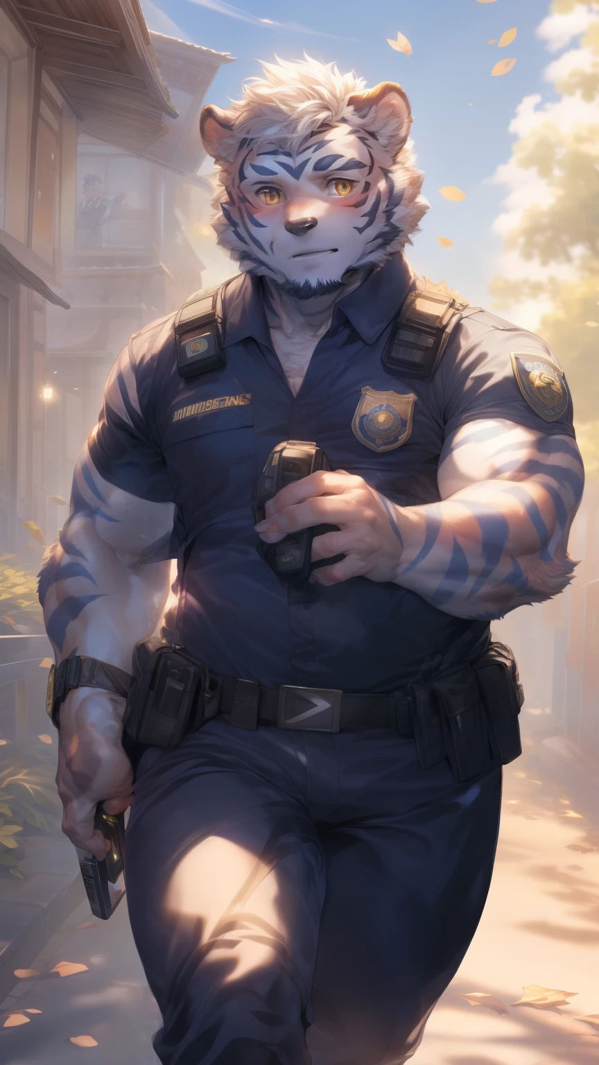 (through empty ghost, From thebigslick, through dark gems, Will chase), Keyuan Tower (Onmyoji Daisenji Temple), High quality photos, Perfect anatomical structure, Anthropomorphic white tiger, Men, 26 years old, thick eyebrows, (short hair:1.5), Light blue stripes, tall, Black tight police uniform, Open neckline, Black leggings, Small bump, Holding a walkie-talkie, Standing on the street, The leaves fell on his shoulders，Shy expression, blush, Golden pupils, Looking at the audience, Clear facial features, Solitary, solo, Front view, Full body image, On the streets of the city，Roadside bench, Correct gestures