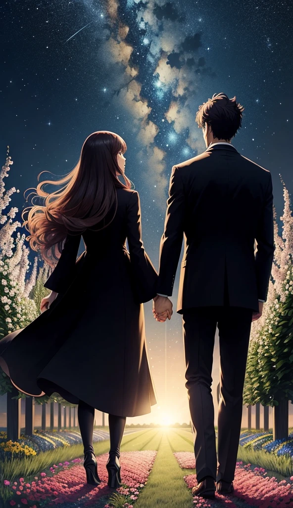Starry Sky,Anime scene of a couple standing in a flower garden,silhouette,Back view,The man is wearing a long black coat,woman'long white coat,Back view,