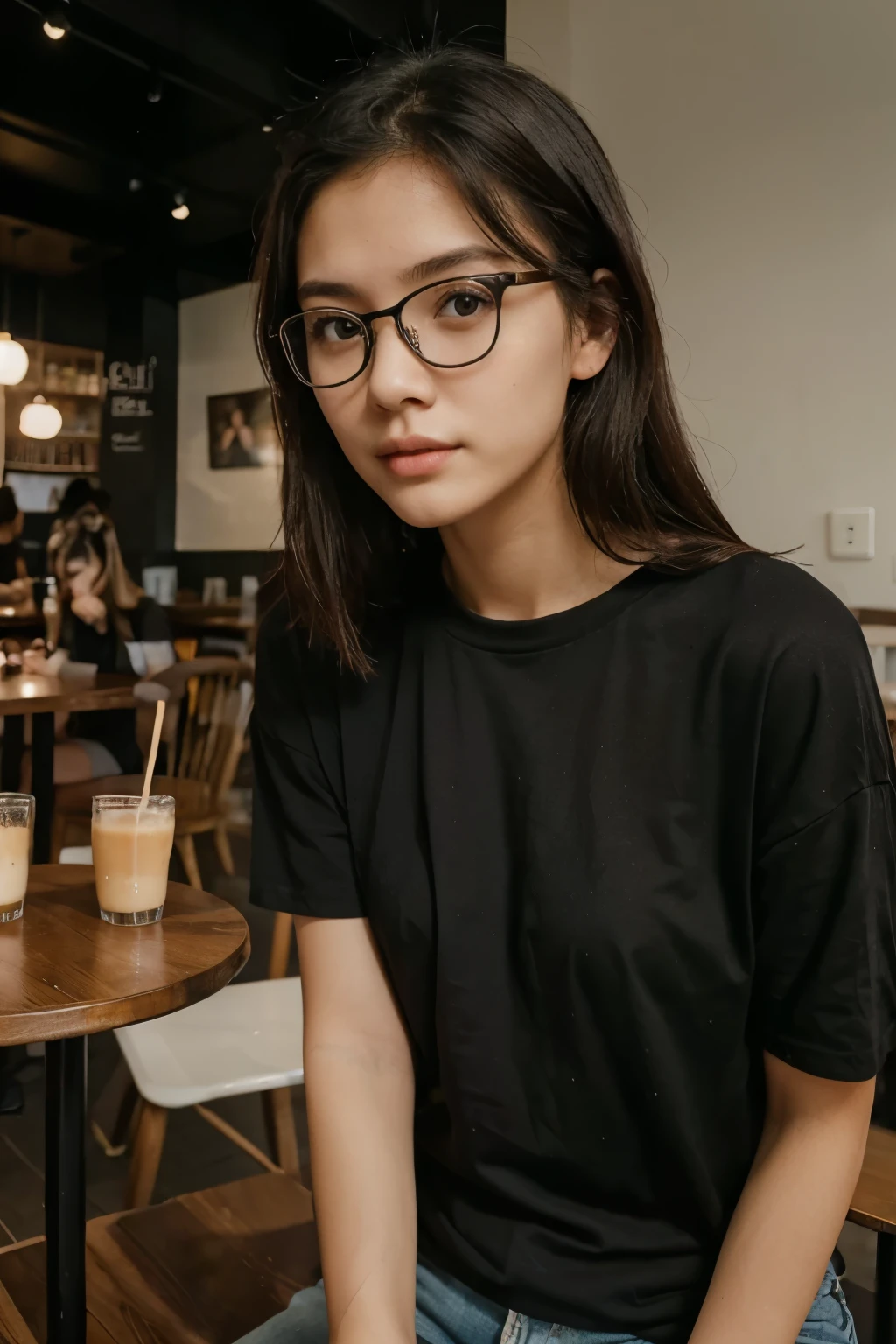 photography of a 20yo woman, perfect face, masterpiece, casual ,black tshirt, 1 girl , cafe , table cafe , table , selfie , asian , glasses, medium hair