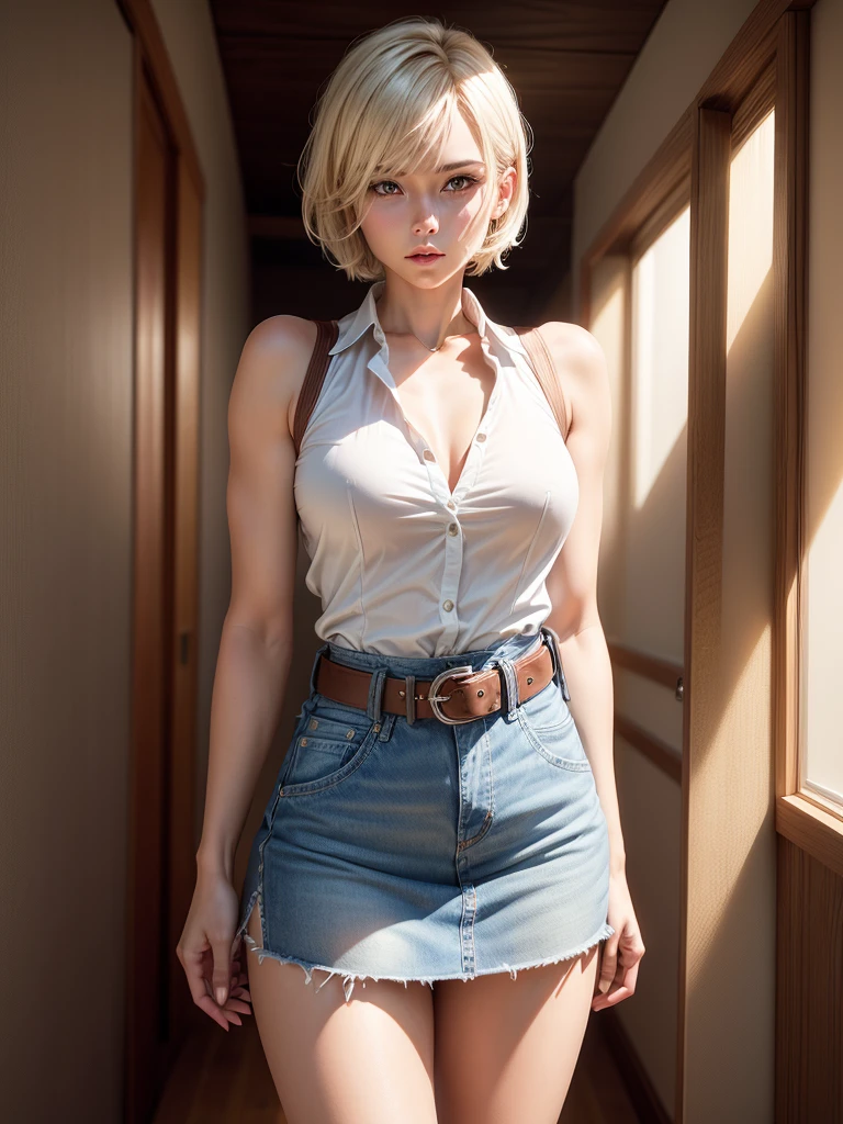 ((One woman, 27 years old)),(( alone:1.5)),Blonde Short Hair,(watch:1.2),White sleeveless collared shirt,(Denim mini skirt:1.2,Brown belt:1.2),Alluring face:1.6, Perfect light, 8k, masterpiece:1.2, Very detailed, Realistic:1.37, Full HD, Background of Japanese-style room at night,Cowboy shot from the front,Are standing