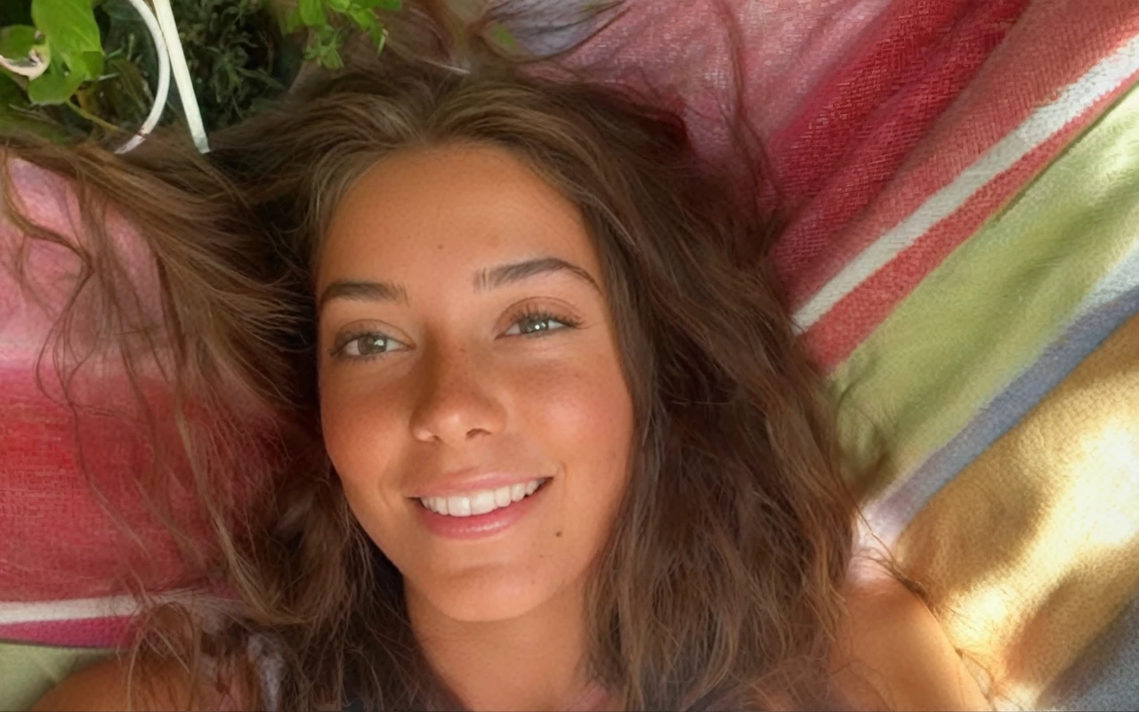 A super realistic beautiful brown hair girl with cute little round titties and a big ass, beautiful long brown hair, she’s in her bedroom on her bed, make the bedroom a cozy little white room with everything that compose a room and add some little cute realistic plant, cute realistic smile
