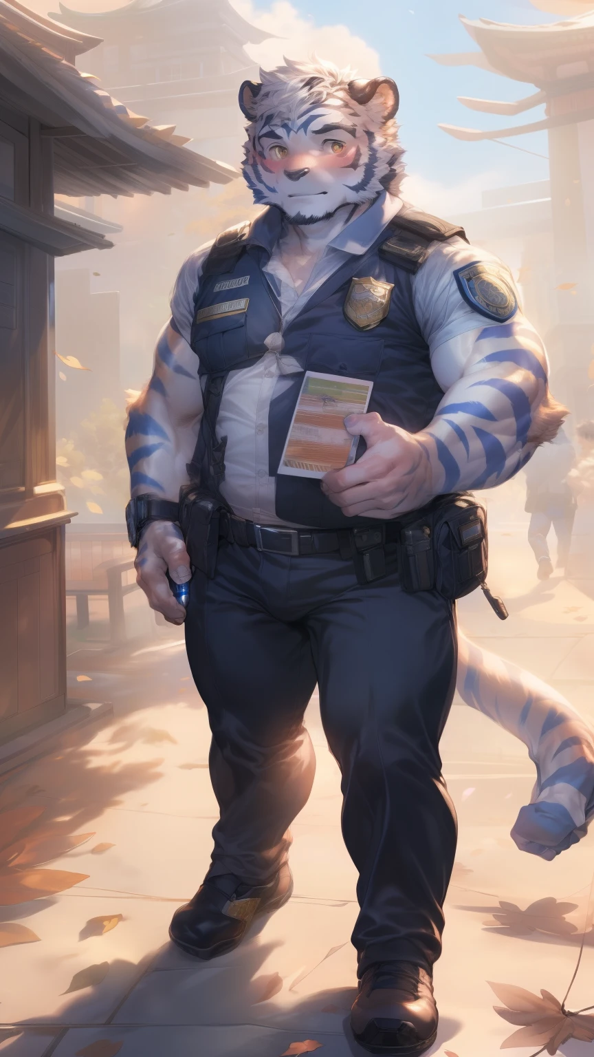 (through empty ghost, From thebigslick, through dark gems, Will chase), Keyuan Tower (Onmyoji Daisenji Temple), High quality photos, Perfect anatomical structure, Anthropomorphic white tiger, Men, 26 years old, thick eyebrows, (short hair:1.5), Light blue stripes, tall, Black tight police uniform, Open neckline, Black leggings, Small bump, Holding a walkie-talkie, Standing on the street, The leaves fell on his shoulders，Shy expression, blush, Golden pupils, Looking at the audience, Clear facial features, Solitary, solo, Front view, Full body image, On the streets of the city，Roadside bench, Correct gestures